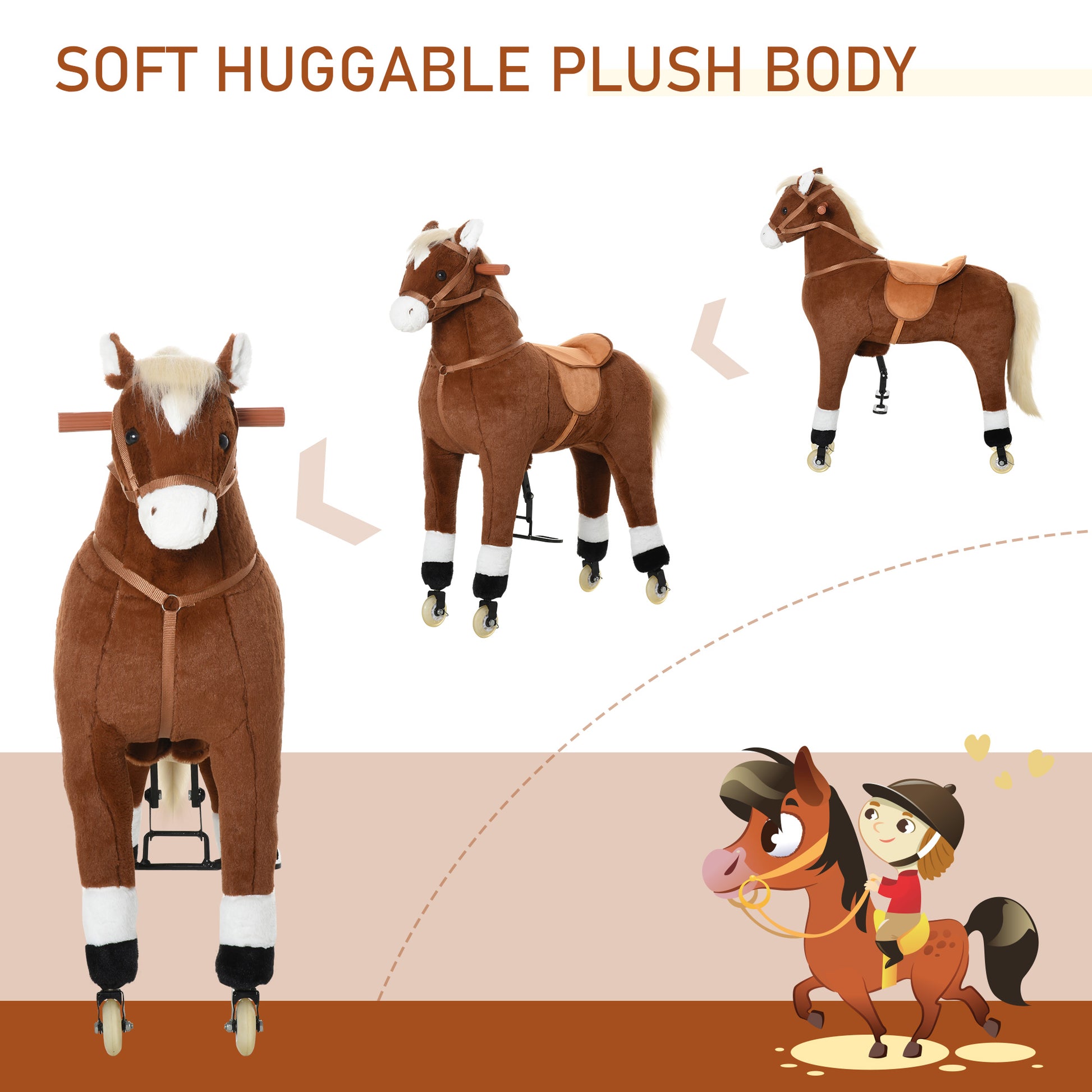 Qaba Kids Ride On Walking Horse With Easy Rolling Wheels, Soft Huggable Body, & A Large Size For Kids 5 16 Years Brown Plush
