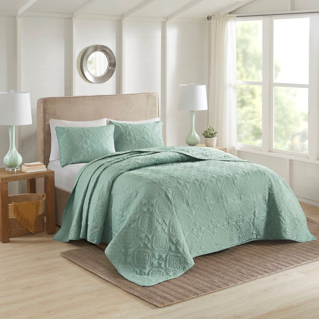 3 Piece Reversible Bedspread Set Seafoam King Cal King King Green Microfiber