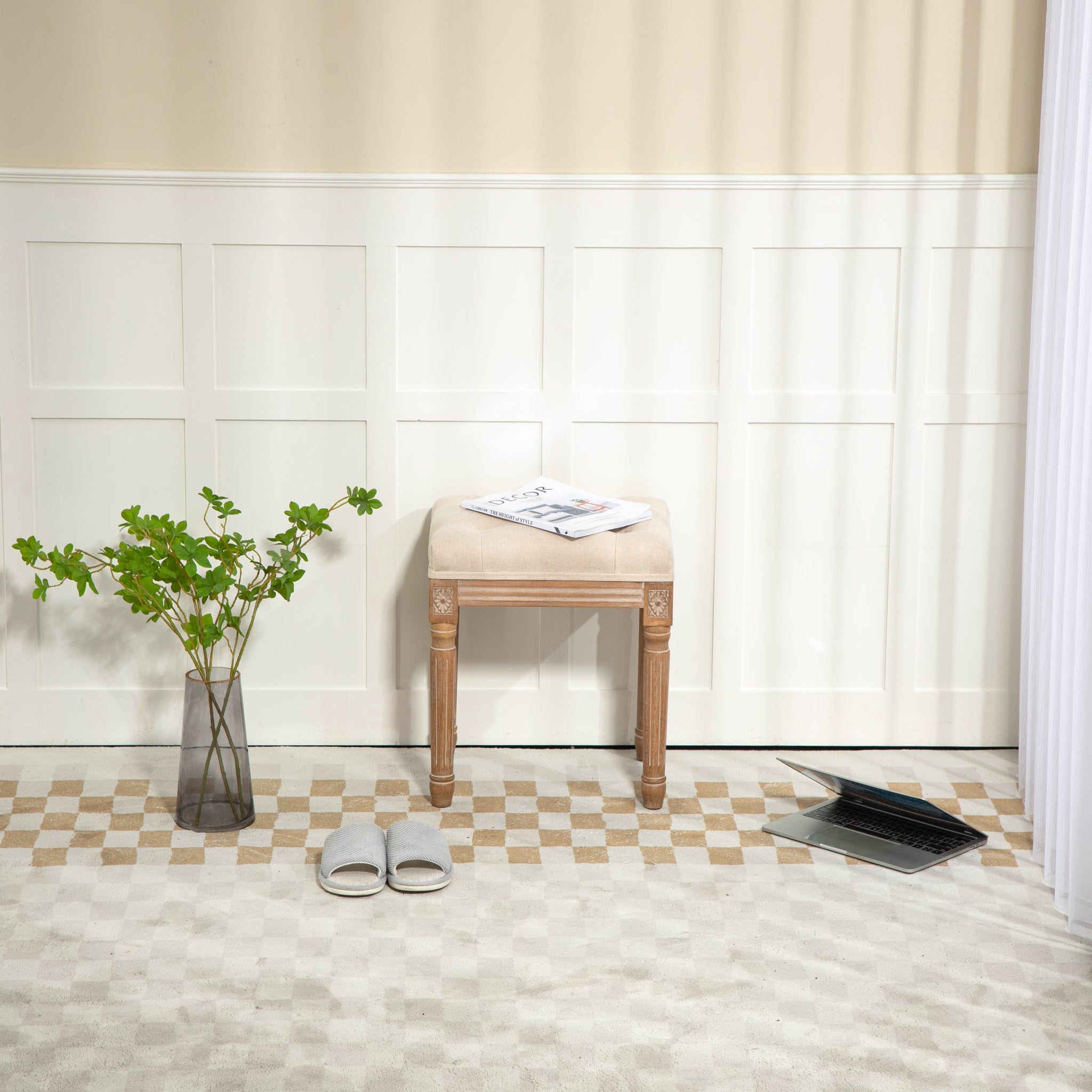 Small Padded Bench, Square Upholstered Rustic Ottoman Bench, Vanity Stools For Bedroom Rubberwood Beige Rubber Wood