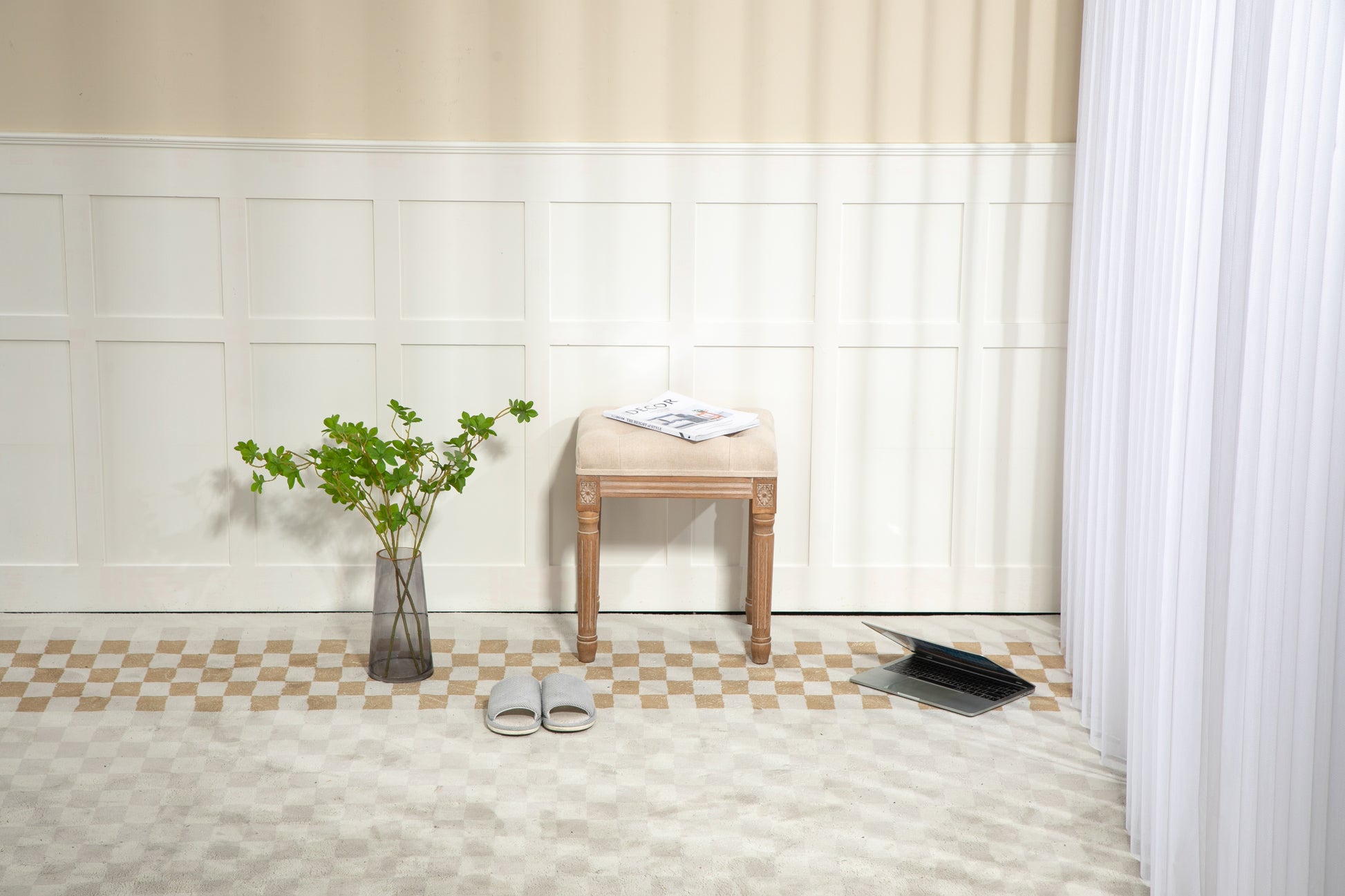 Small Padded Bench, Square Upholstered Rustic Ottoman Bench, Vanity Stools For Bedroom Rubberwood Beige Rubber Wood