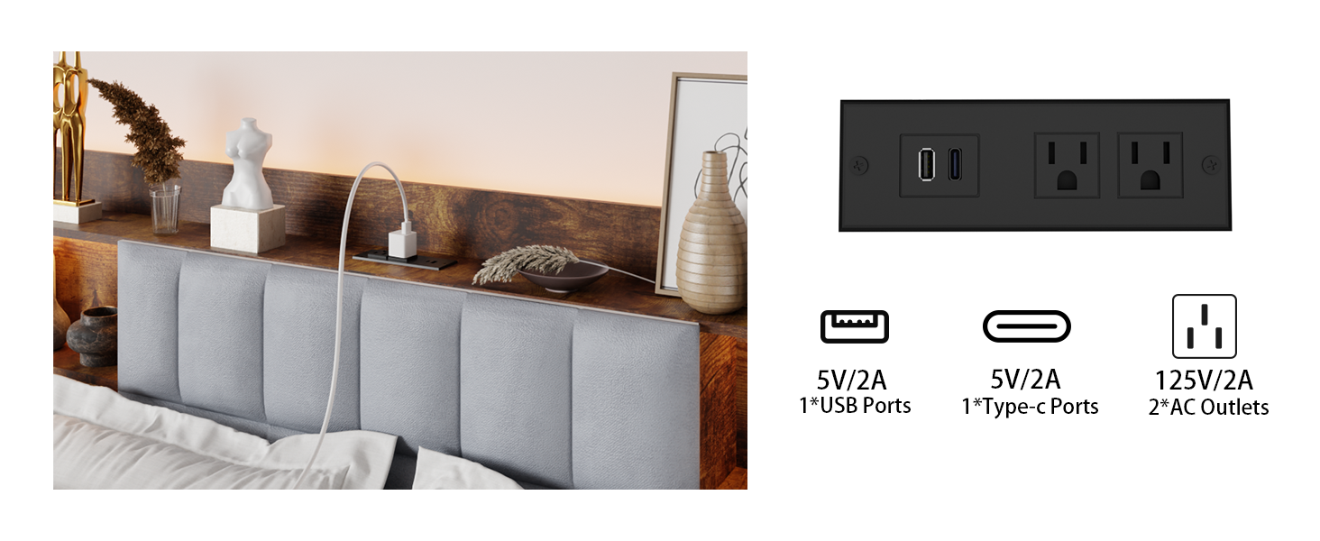 King Size Bed Frame With 2 Storage Drawers And Led Lights Headboard, Upholstered King Bed Frame With Charging Station, No Box Spring Needed, Easy Assembly Box Spring Not Required King Dark Brown Metal Bedroom Modern Bed Frame Velvet Mdf Metal