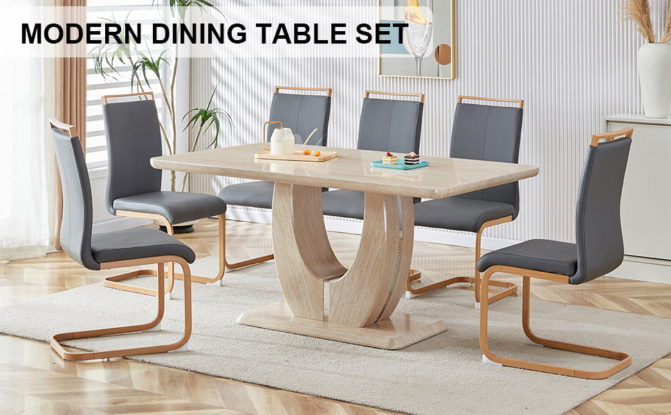 Table And Chair Set. Modern Minimalist Luxury Mdf Rectangular Dining Table With Textured Stickers On The Table And 6 Pu Synthetic Leather High Back Upholstered Side Chairs. Dark Gray Seats 6 Mdf