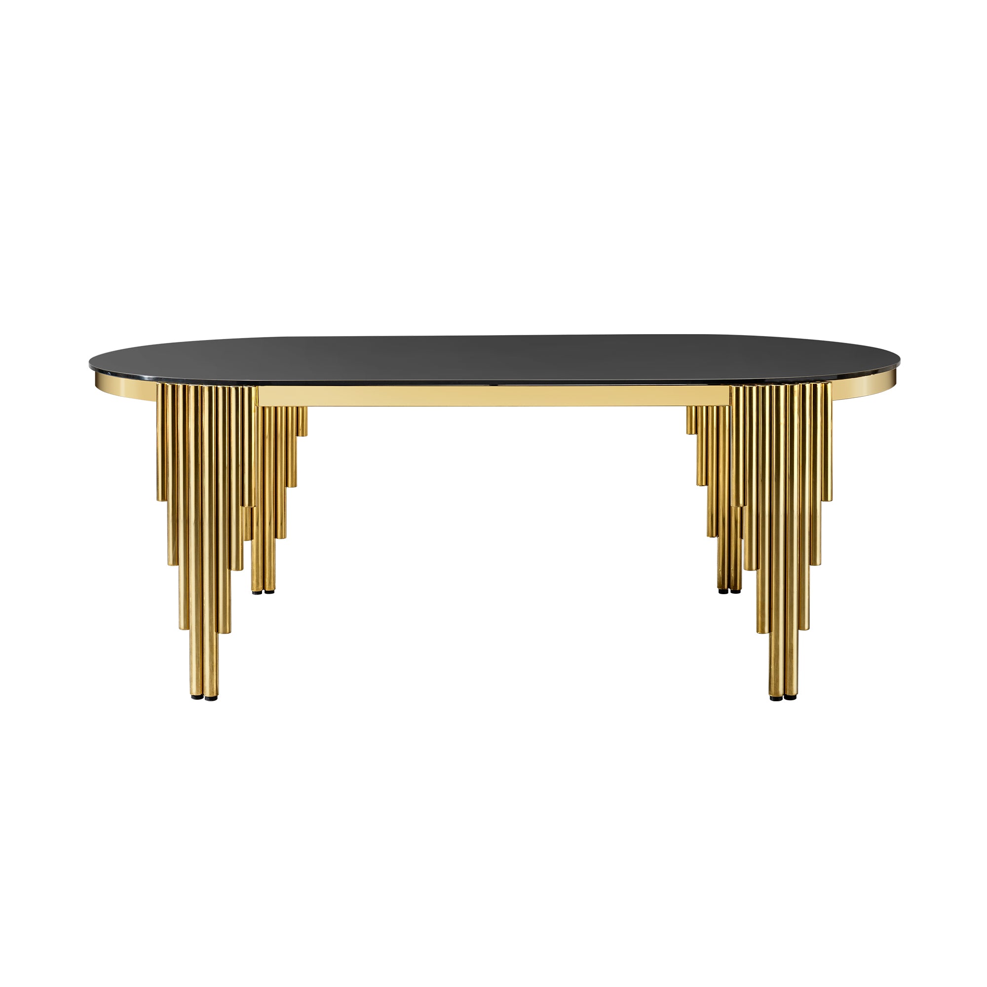 79.53" Black Glass Top Oval Dining Table With Gold Stainless Steel Base For 8 Seats Gold Black Seats 8 Dining Room Contemporary Oval Kitchen & Dining Tables Oval Stainless Steel