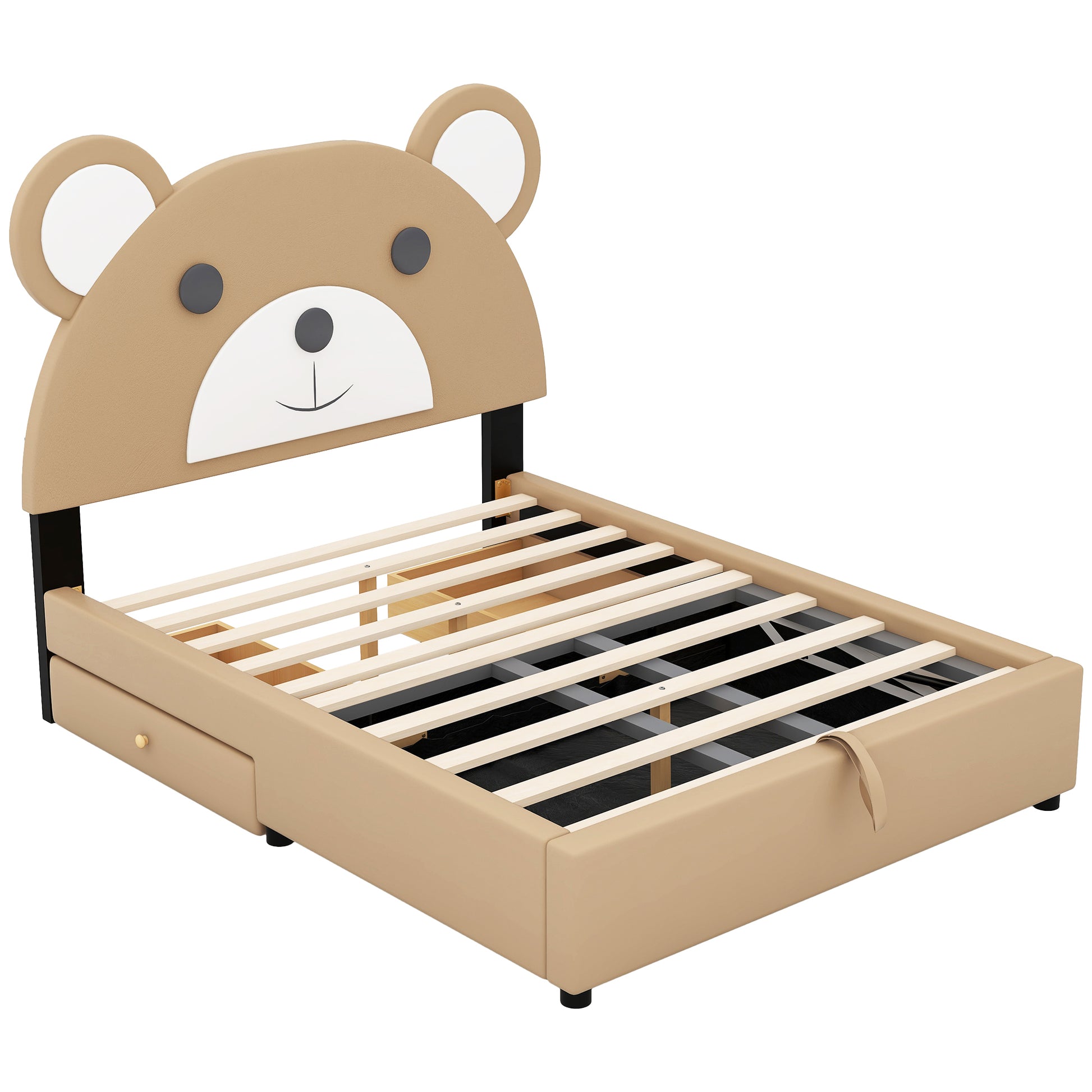Full Size Upholstery Platform Bed Frame With Cute Bear Shaped Headboard And Two Storage Drawers,Brown Full Brown Solid Wood Mdf