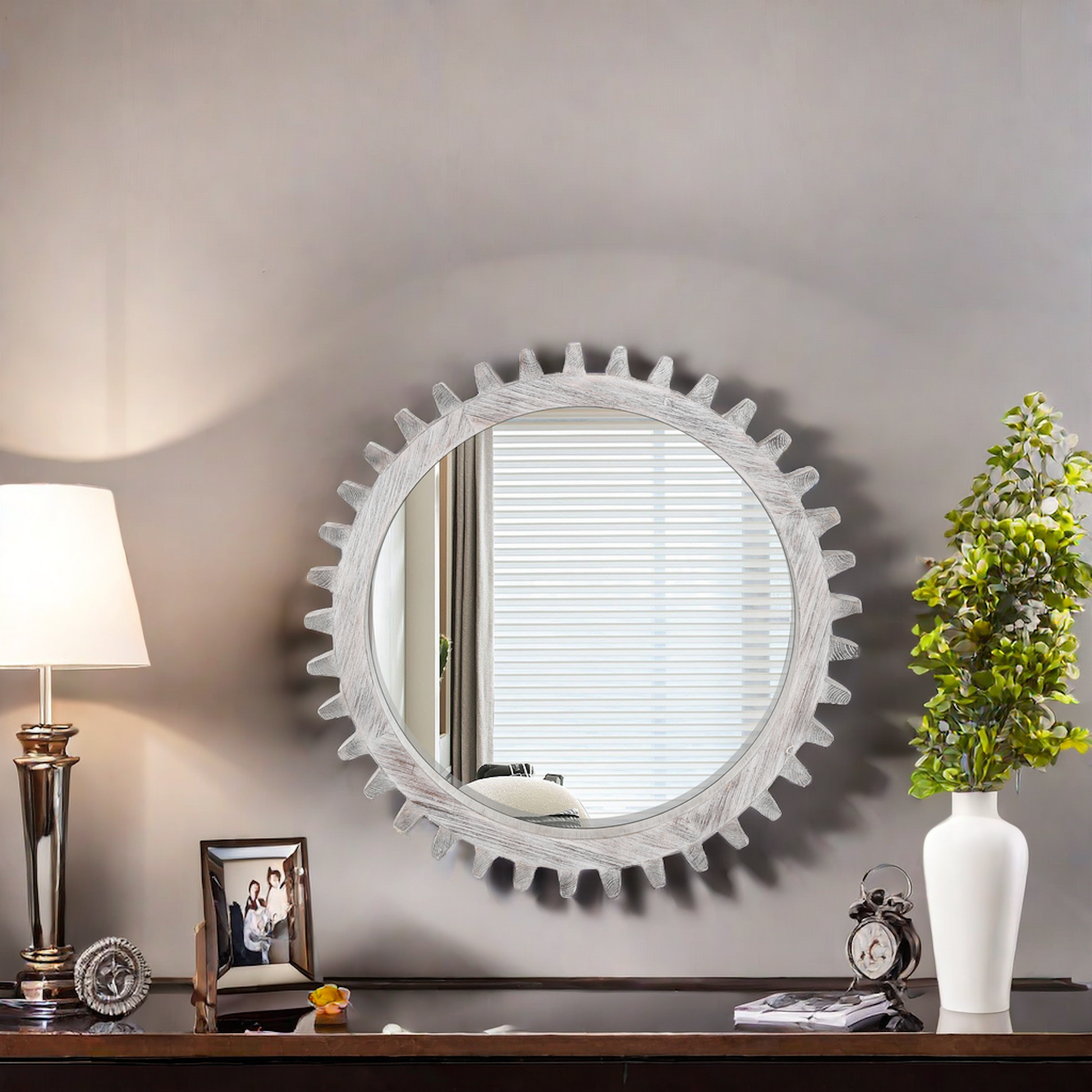 Vintage 26'' X 26'' Wall Wood Round Hanging Gear Shape Heavy Decorative Mirror For Bathroom Living Room Entryway Or Put Together To Your Liking. Antique White Washed Oval Or Circle White Washed Living Room American Design Gallery Wall And Wall Art Sets