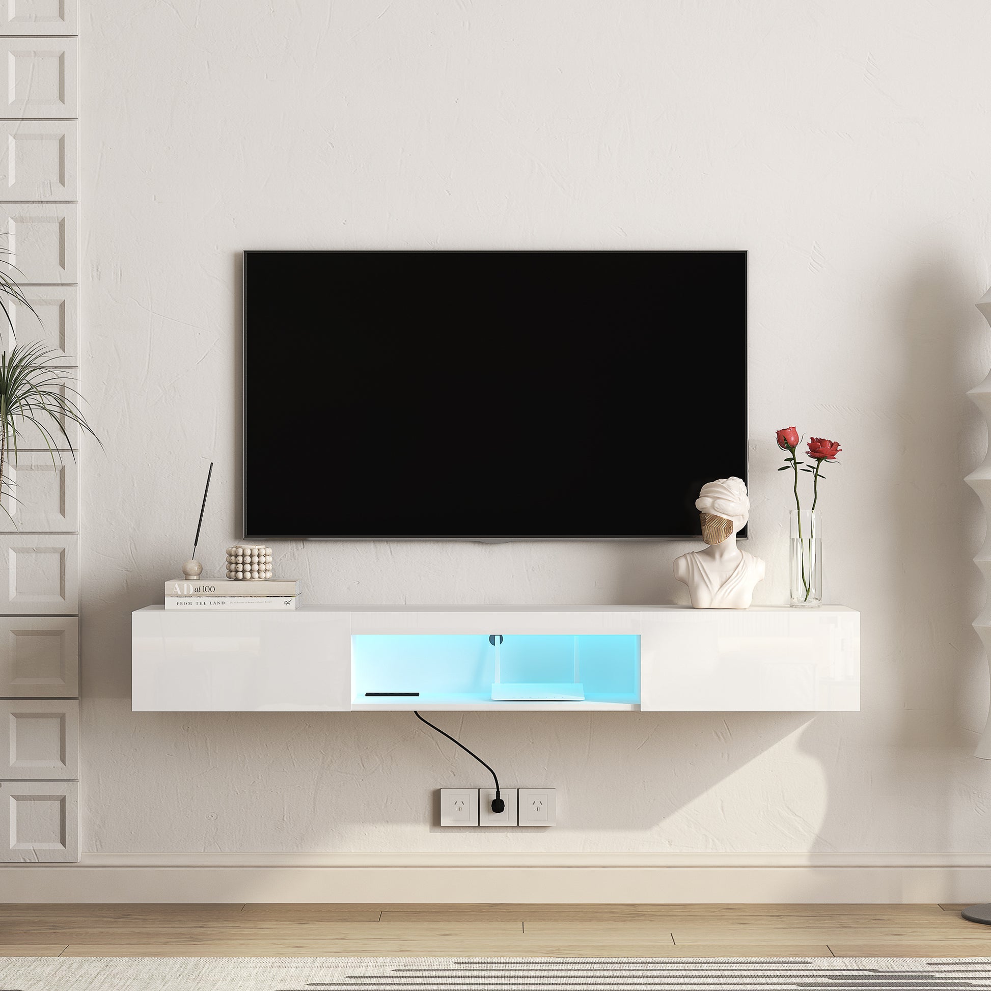 Floating Tv Stand Wall Mounted With 20 Color Leds,63" Modern Tv Stand,Floating Tv Cabinet Entertainment Center For 55 60 65 Inch Tv,White White 60 69 Inches Mdf