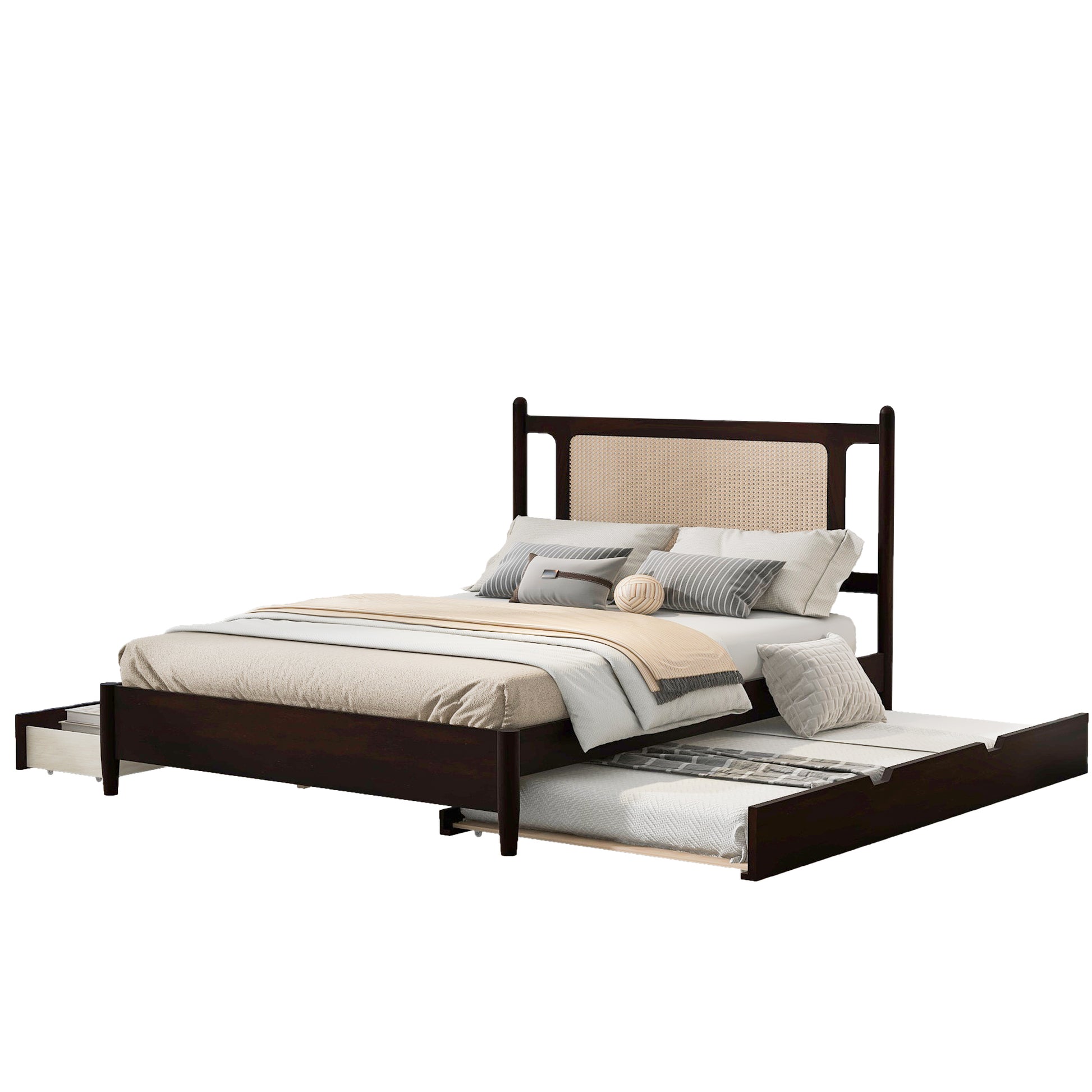 Queen Size Wooden Rattan Platform Bed, With 2 Big Drawers, T Size Trundle, Espresso Queen Espresso Plywood