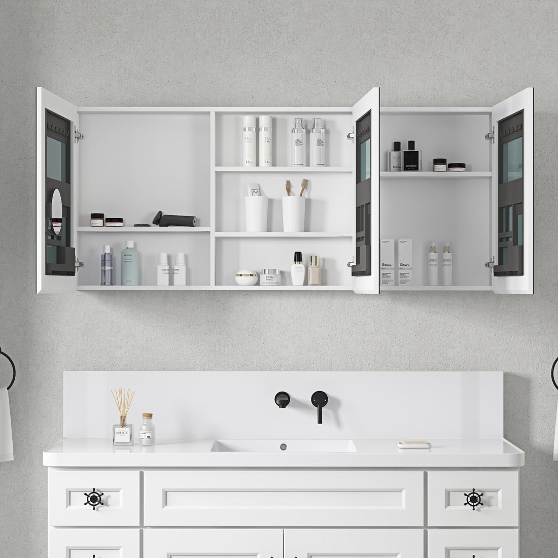 60'' W X 26'' H Surface Frameless Mirror Medicine Cabinet, Beveled Mirror Edges Bathroom Medicine Cabinet White Engineered Wood