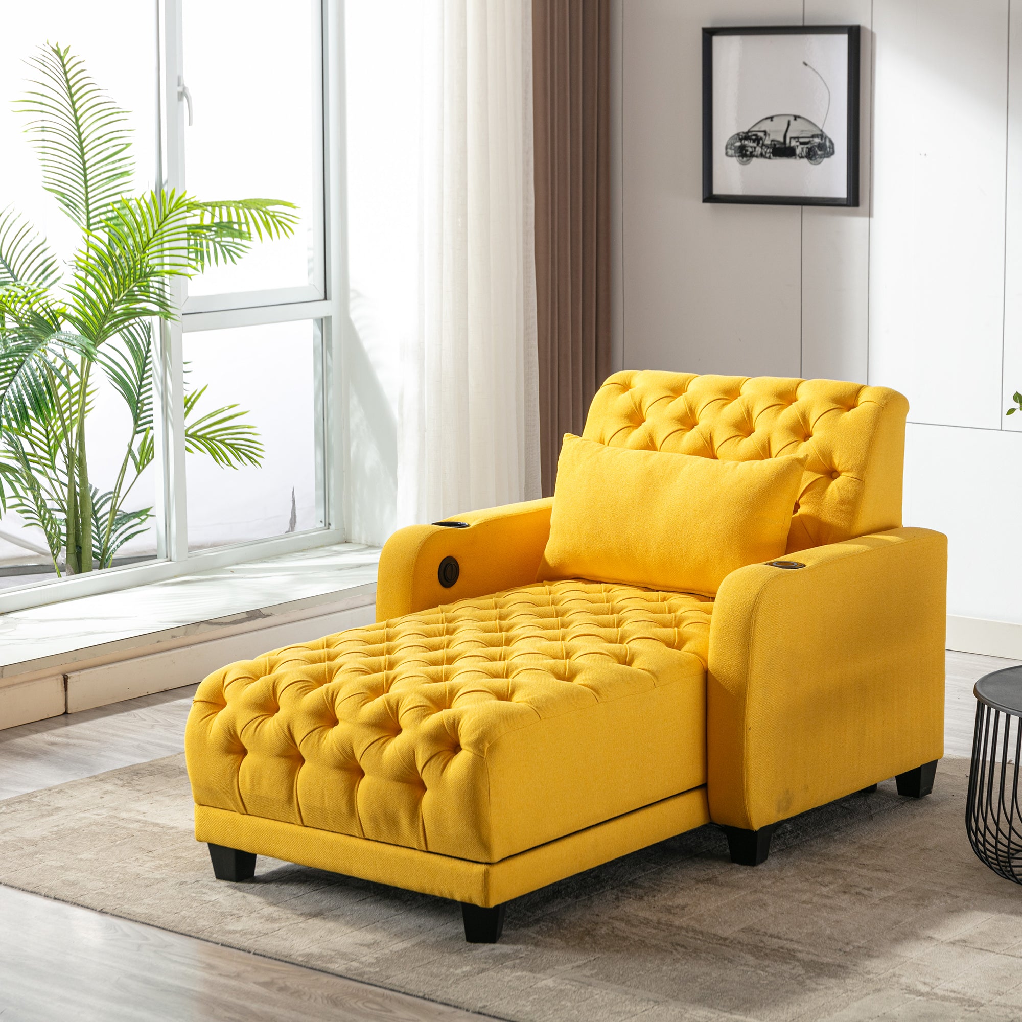 Coolmore Multifunctional Living Room Leisure Chaise Lounge Barry Tufted Comfy Armchair Wireless Charging, Smooth Reclining Backrest & Lumbar Pillow For Home Apartment Yellow Linen Yellow Foam Linen