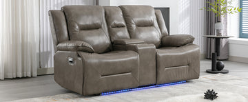 2 Seater Home Theater Recliner Manual Recliner Chair With A Led Light Strip Two Cup Holders And A Storage Box For Living Room,Bedroom, Grey Grey Foam Pu