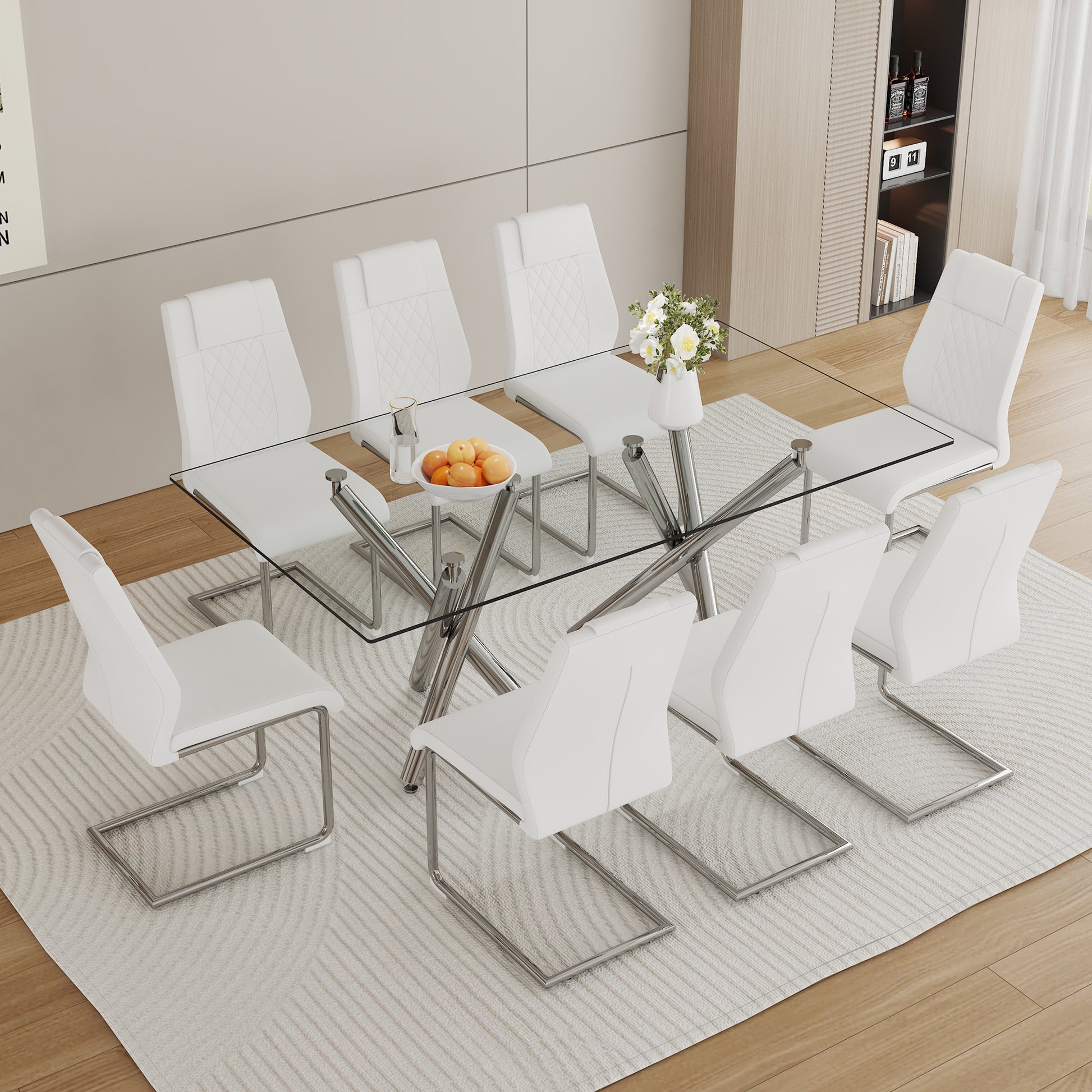 Table And Chair Set.Large Minimalist Rectangular Glass Dining Table For 6 8 With 0.39" Tempered Glass Tabletop And Silver Chrome Metal Legs.Paried With Comfortable Chairs With Pu Seats And Metal Legs. Silver Seats 8 Glass Metal