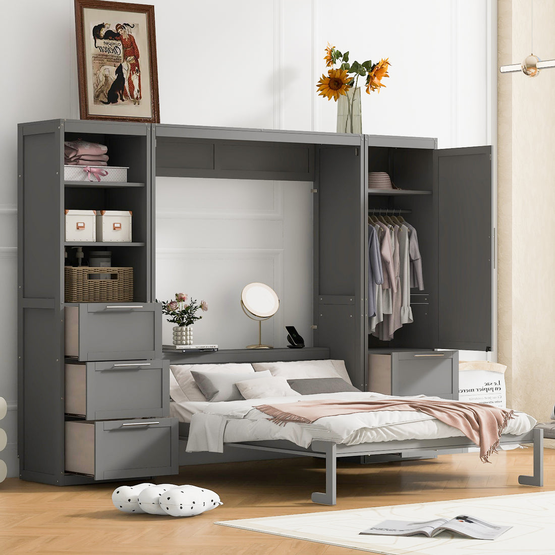 Queen Size Murphy Bed Wall Bed With Closet ,Drawers And Shelves,Gray Queen Gray Mdf Lvl