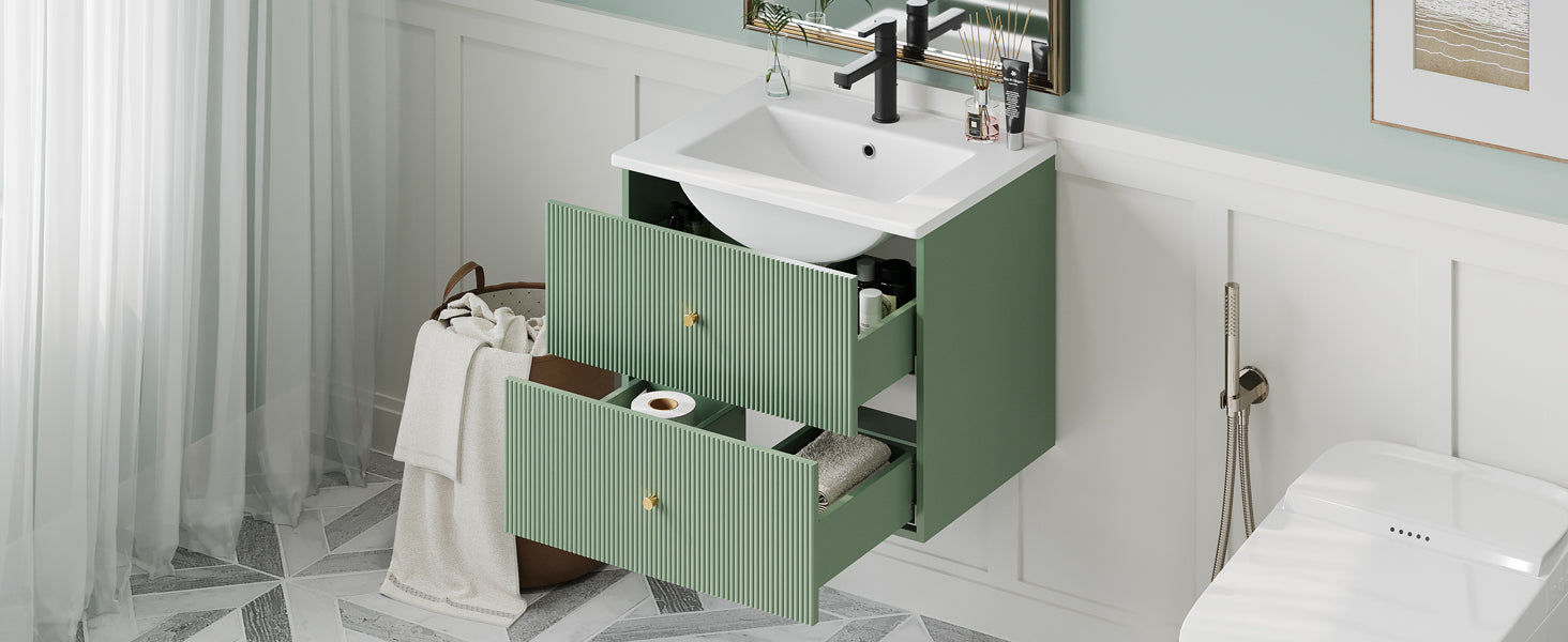 24 Inch Wall Mounted Bathroom Vanity With 2 Drawers Ideal For Small Bathrooms Green Bathroom Mdf