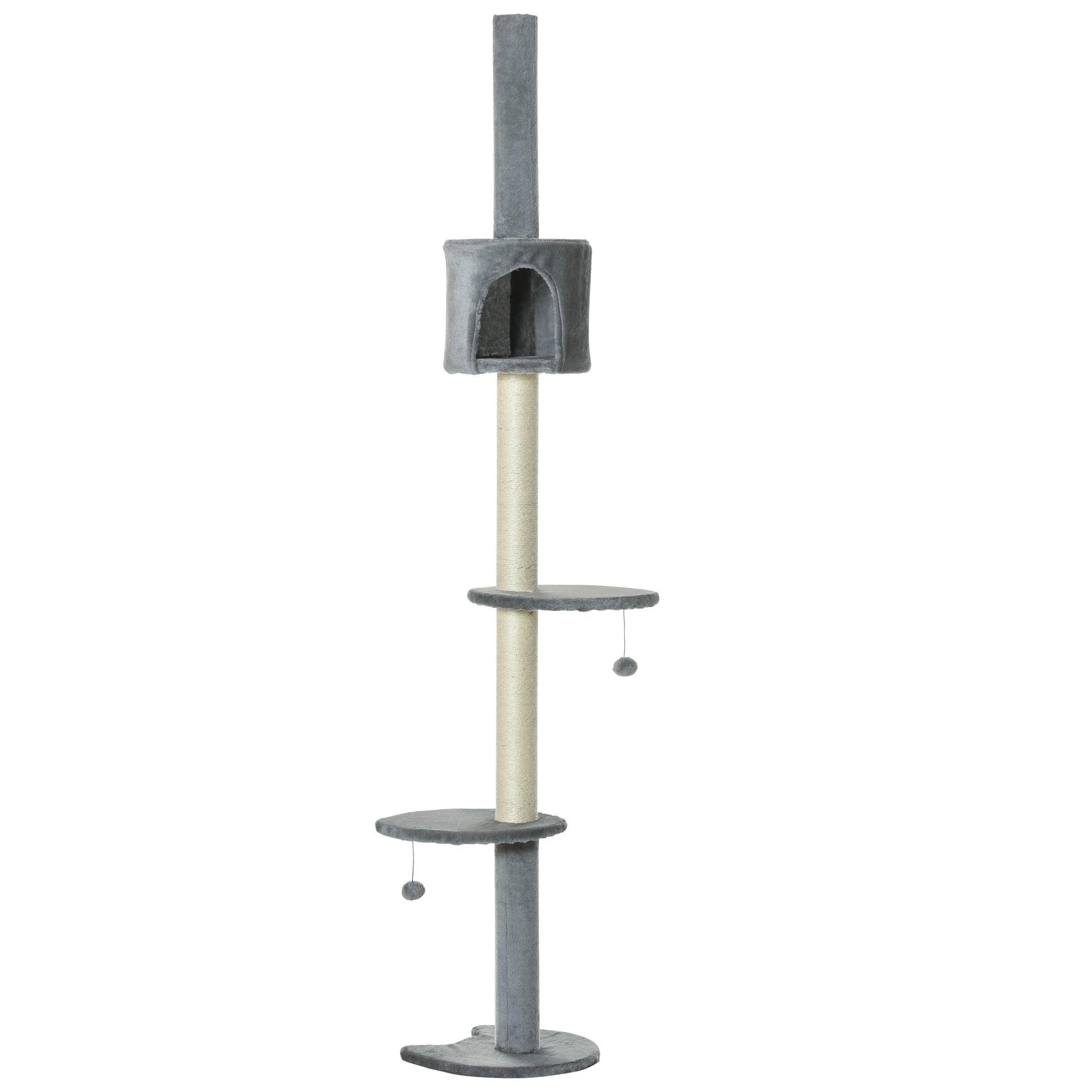 Pawhut 85.5" Cat Tree Height Adjustable Floor To Ceiling 4 Tier Kitty Climbing Activity Center Condo Cat Toy With Scratching Post Hanging Balls Play Rest Post Pet Furniture Grey Light Grey Particle Board