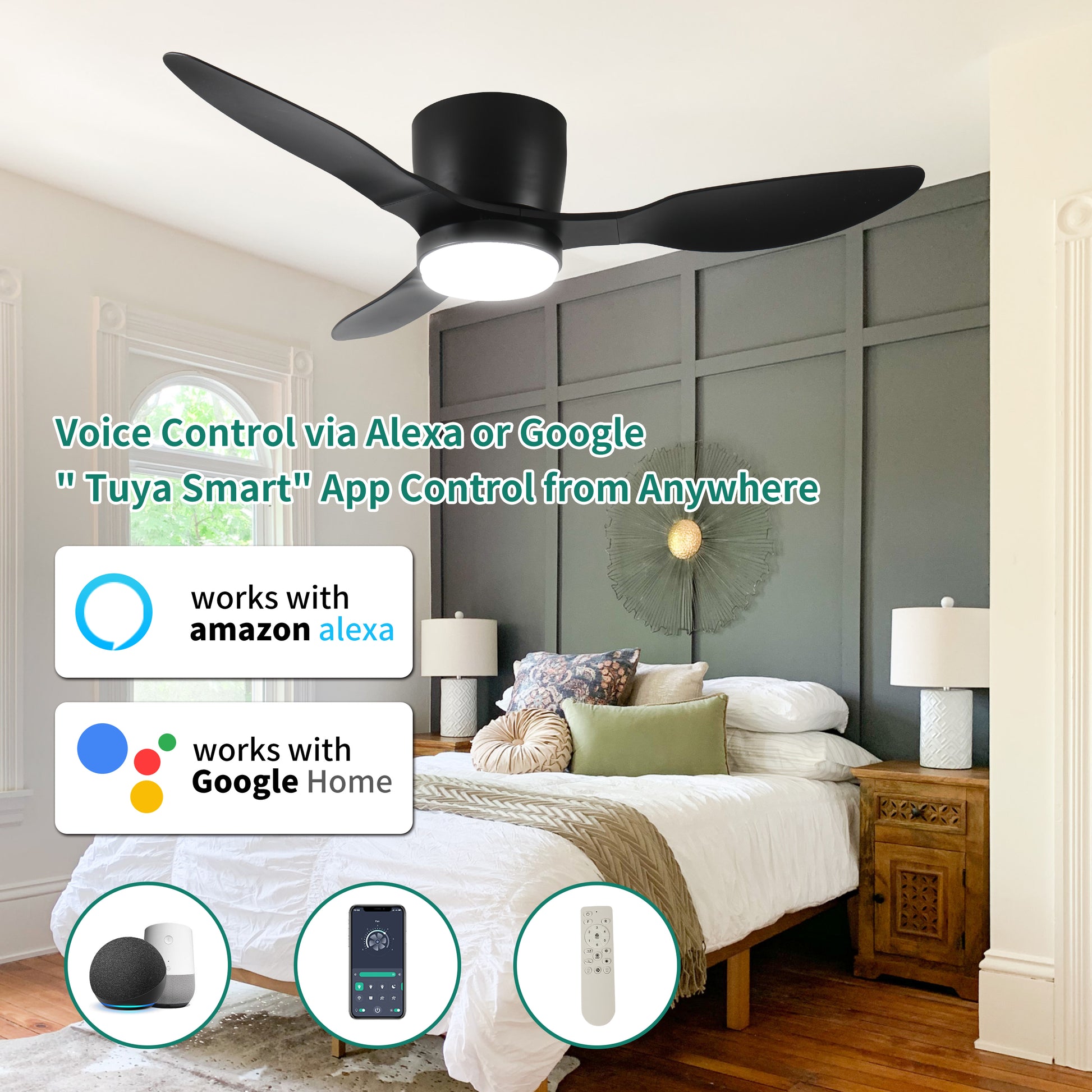 42" Smart Flush Mount Ceiling Fans With Lights Remote,Quiet Dc Motor,Outdoor Indoor Low Profile Ceiling Fan,Control With Wifi Alexa App,Dimmable,Abs Blades,For Modern Bedroom Patio Matte Black Abs Steel Q235