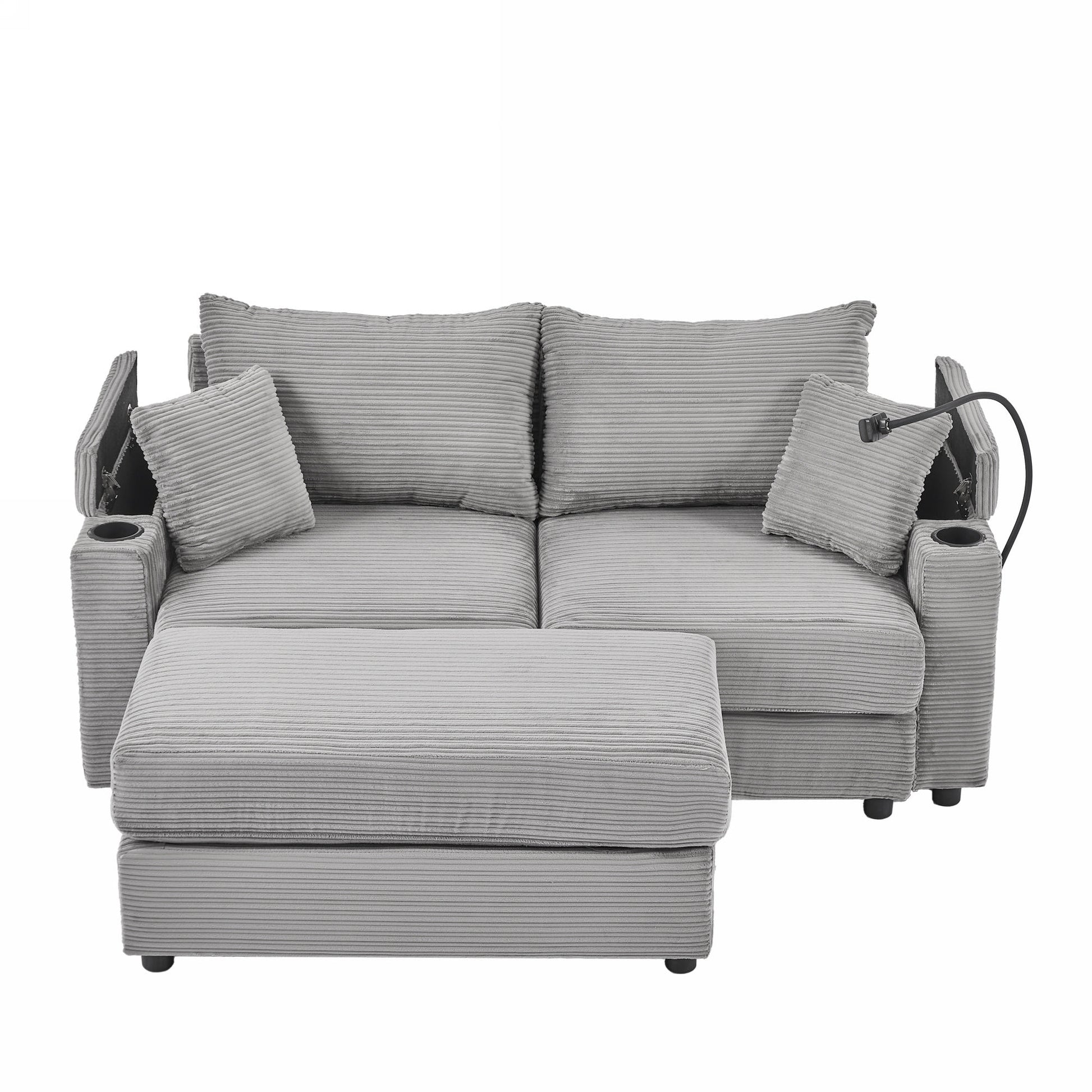 72.8" Modern Style Loveseat Sofa Sectional Sofa Couch With Storage Space, A Movable Ottoman, Two Usb Ports, Two Cup Holders, A Phone Holder For Living Room, Gray Gray Foam Corduroy 3 Seat