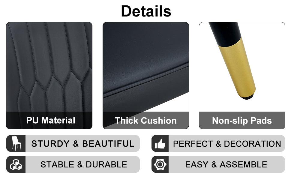 Table And Chair Set.The Table Has A Glass Top With Imitation Marble Pattern Stickers And Stainless Steel Golden Legs. Paried With Chairs With Pu Artificial Leather Backrest Cushions And Black Legs. Black Gold Seats 8 Glass Metal