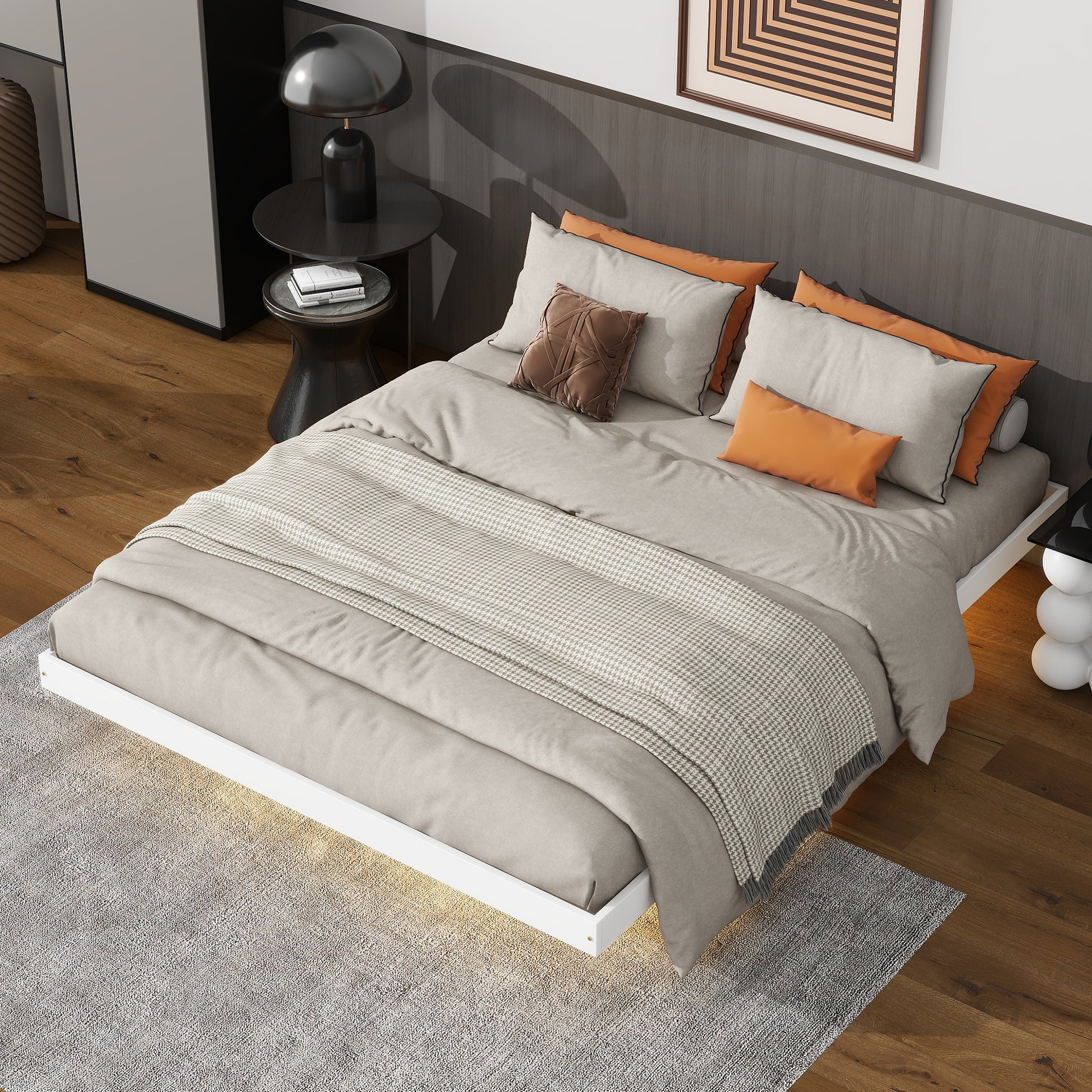 Queen Size Floating Bed With Led Lights Underneath,Modern Queen Size Low Profile Platform Bed With Led Lights,White Queen White Wood Bedroom American Design Pine Bed Frame Pine