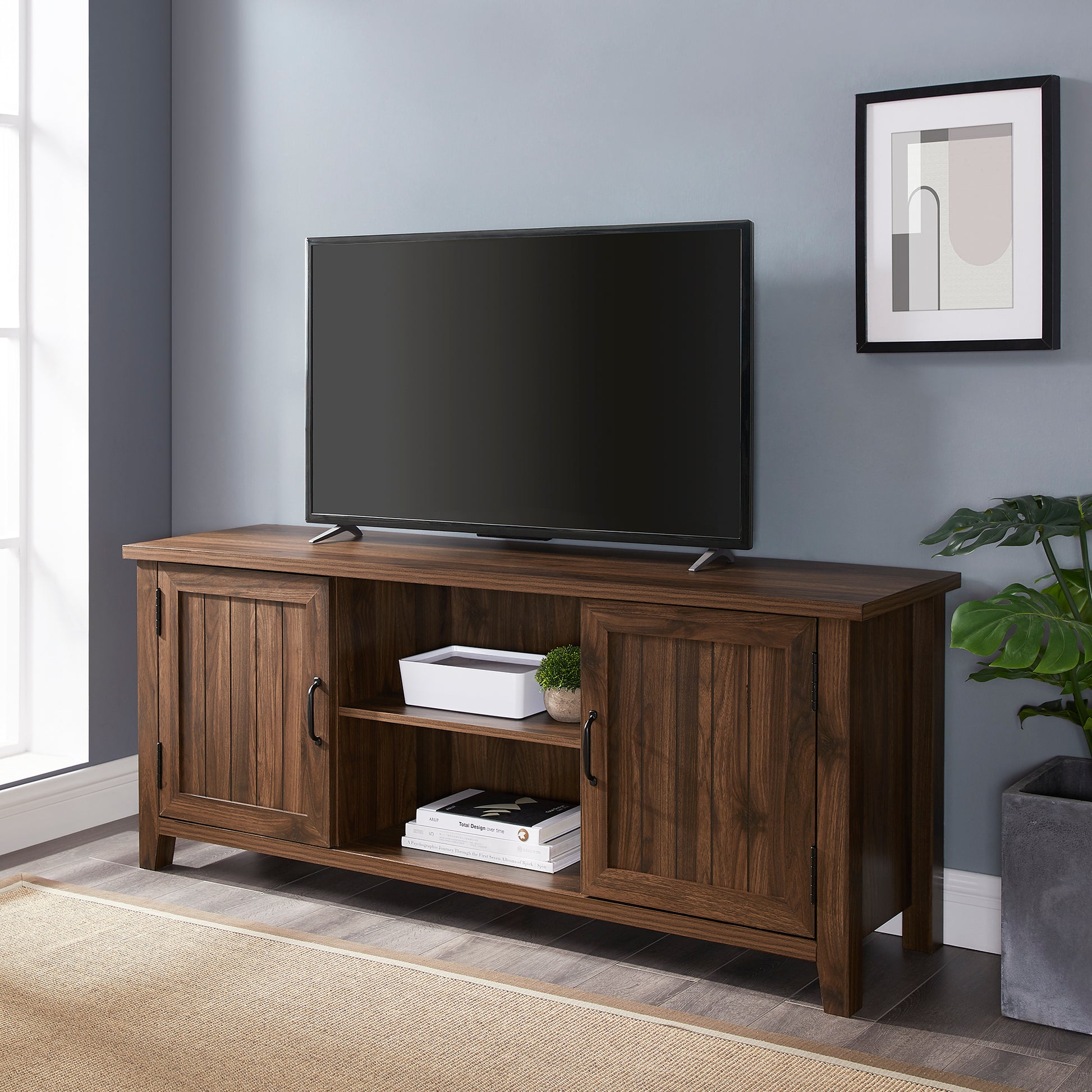 Classic Grooved Door Tv Stand For Tvs Up To 65" Dark Walnut Dark Brown Mdf