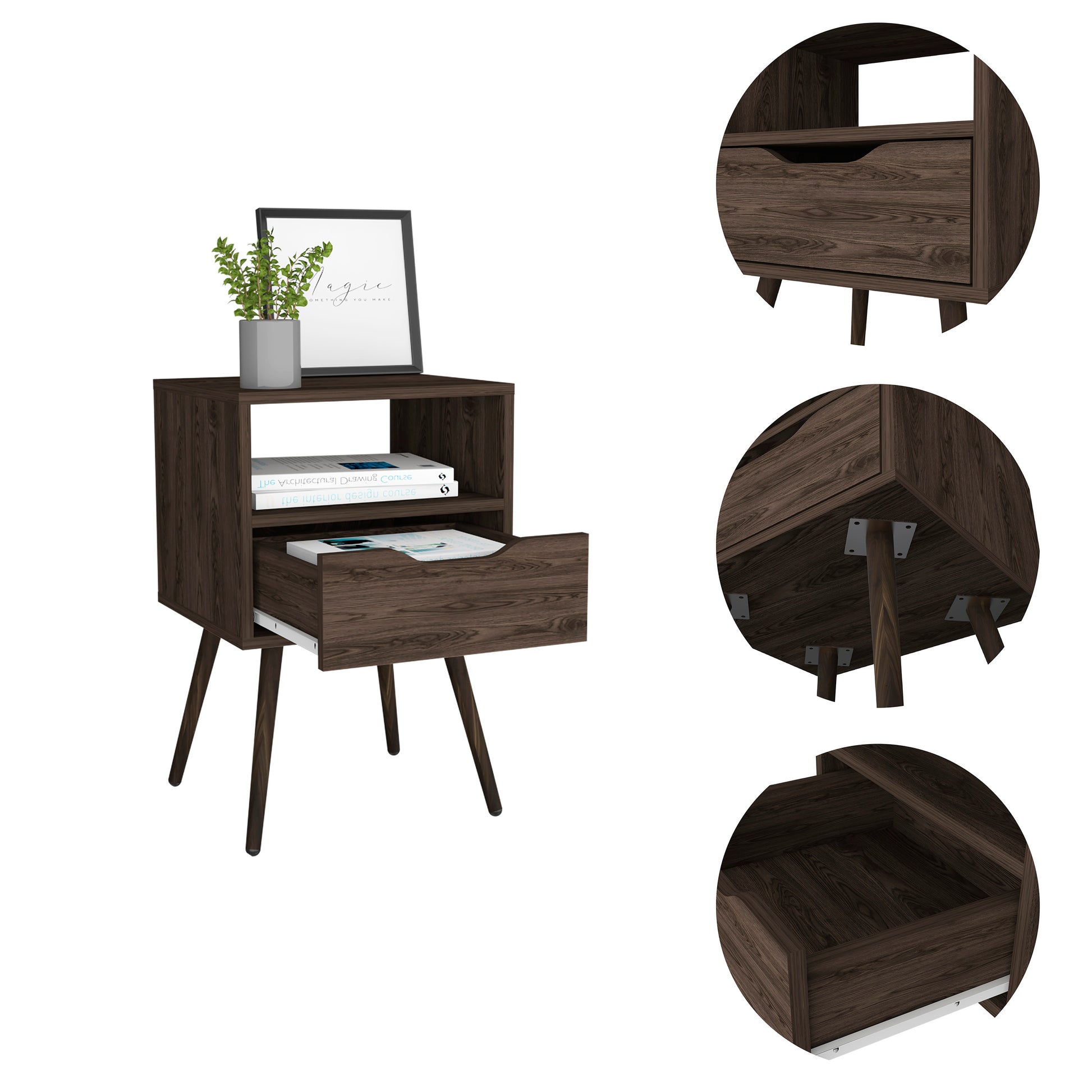 Nightstand 25"H, Superior Top, Four Legs, One Open Shelf, One Drawer, Dark Walnut Brown Particle Board Particle Board