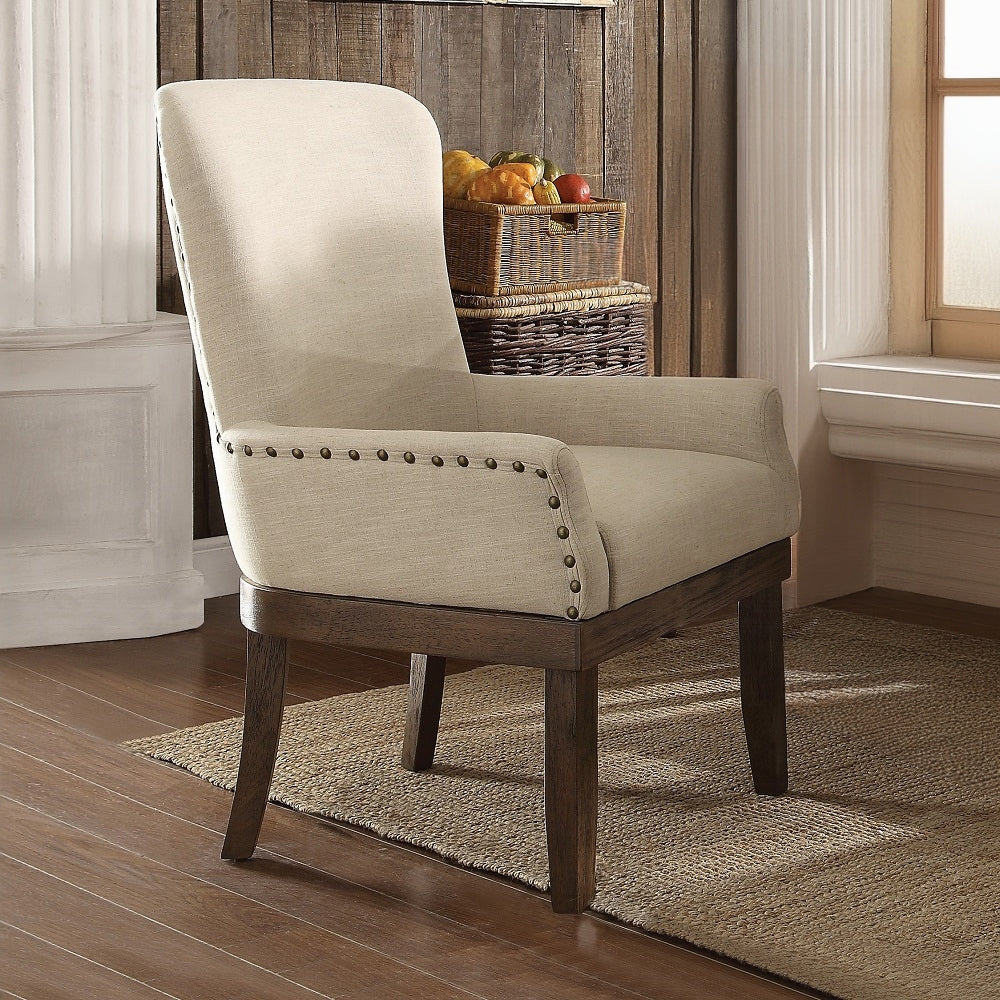 Beige And Salvage Brown Arm Chair With Trim Solid Beige Brown Dining Room Arm Chair Wing Back 1 Wood Fabric