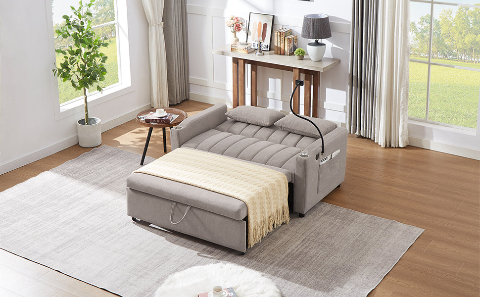 55.9" Convertible Sofa Bed Loveseat Sofa With Three Usb Ports, Two Side Pockets, Two Cup Holders And 360 Swivel Phone Holder For Living Room, Light Grey Light Grey Foam Polyester