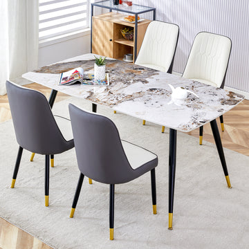 Modern Minimalist Dining Table. Imitation Marble Patterned Stone Burning Tabletop With Black Metal Legs.Modern Dining Chair With Pu Artificial Leather Backrest Cushion And Black Metal Legs.F 001 C 007 Black Gold Sintered Stone