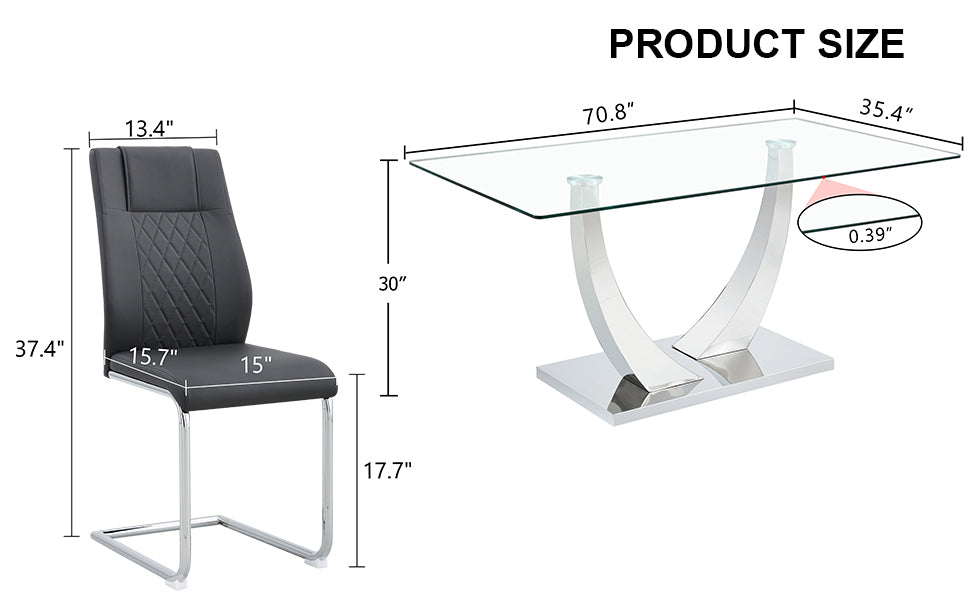 Table And Chair Set.Contemporary, Minimalist Rectangular Dining Table Featuring A Clear Tempered Glass Top And Sleek Silver Legs. Paried With Chairs Made Of Pu Material Cushion And Silver Metal Legs. Black Seats 6 Glass Metal