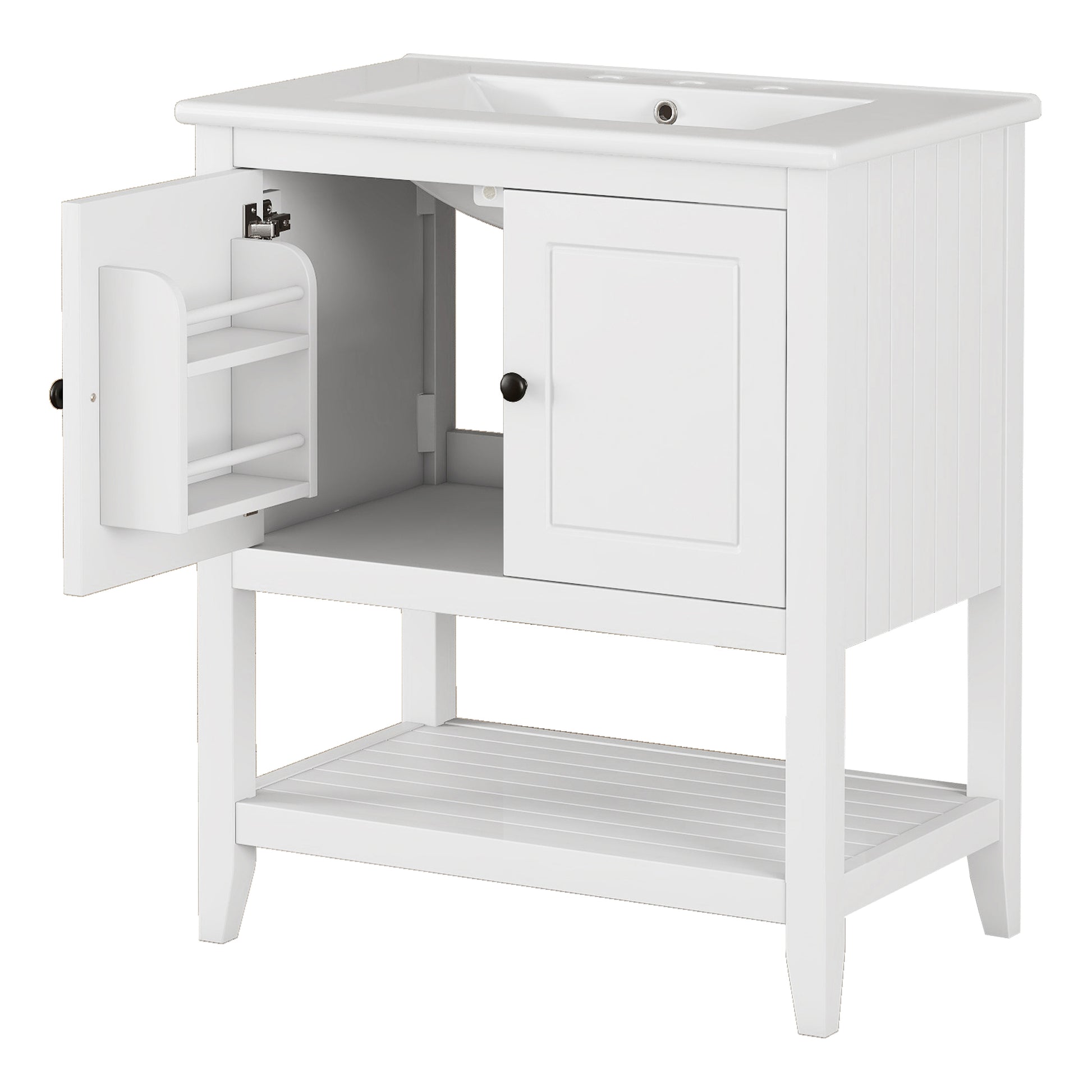 30" White Modern Sleek Bathroom Vanity Elegant Ceramic Sink With Solid Wood Frame Open Style Shelf & Door Shelf Design White Solid Wood