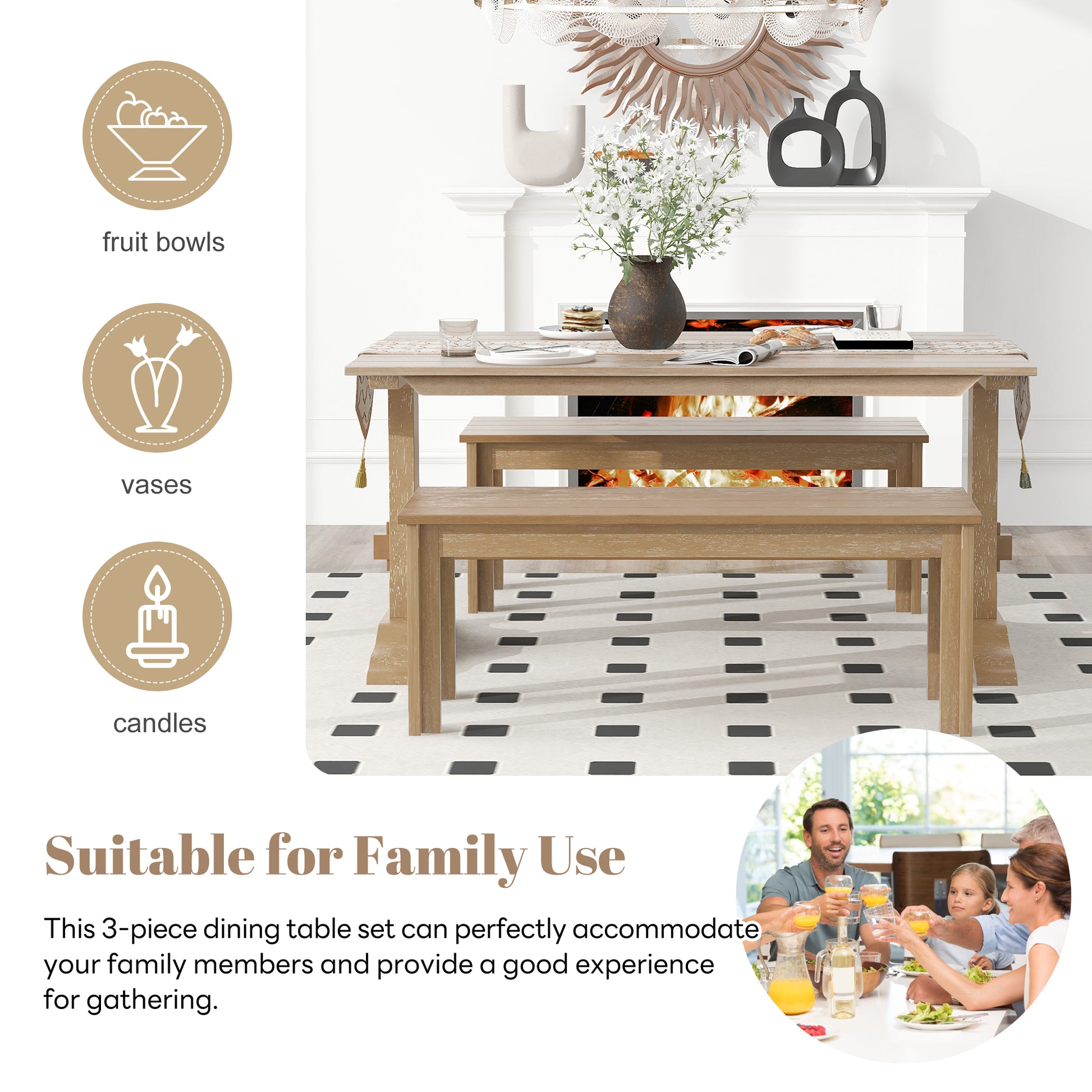 3 Piece Retro Dining Set, Rectangular Trestle Table And 2 Wooden Benches For 4 People For Dining Room And Kitchen Natural Wood Natural Wood Solid Wood Mdf