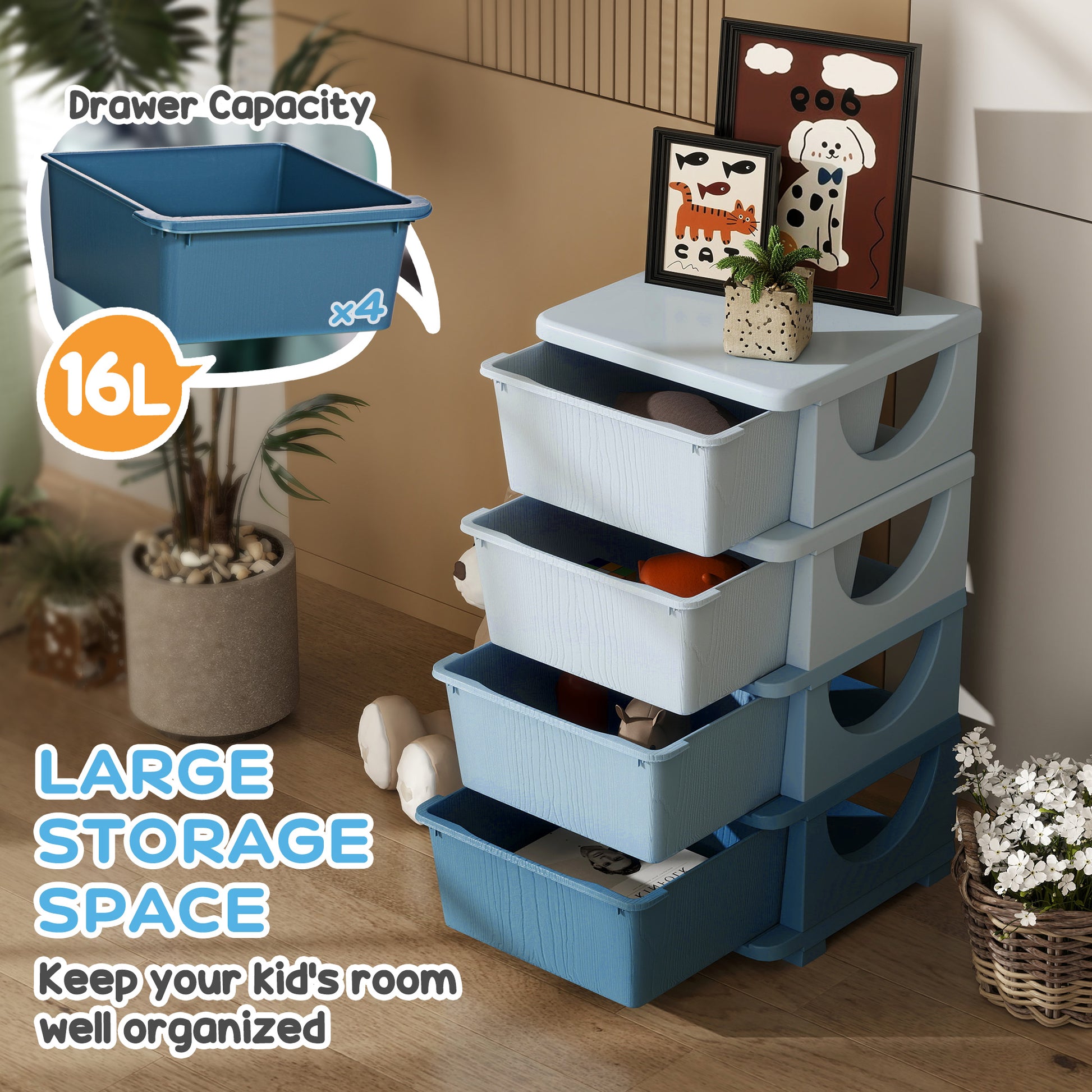 Qaba 4 Tier Kids Storage Unit, 4 Drawer Chest Toy Organizer Plastic Bins For Kids Bedroom Nursery Kindergarten Living Room For Boys Girls Toddlers, Blue Blue Plastic