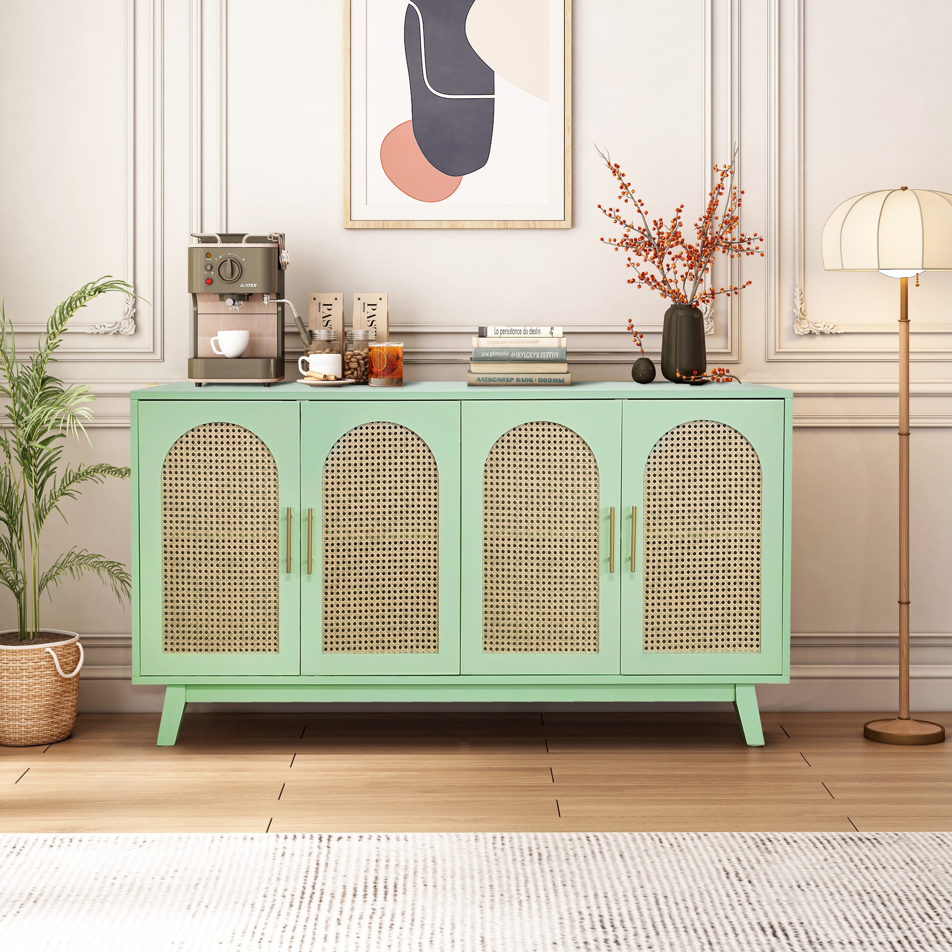 Sideboard Buffet Cabinet With Rattan Doors, Boho 4 Door Cabinet With Metal Handles For Living Room, Hallway, Entryway, Mint Green Mint Green Primary Living Space Mdf