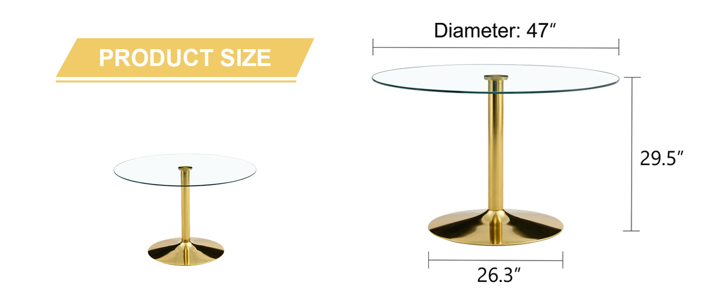 A 47 Inch Diameter Glass Top And A Modern, Minimalist Round Dining Table With Gold Metal Legs. Ideal For Dining Rooms, Living Rooms And Meeting Rooms. Model: Dt 1166 Gold Glass Metal