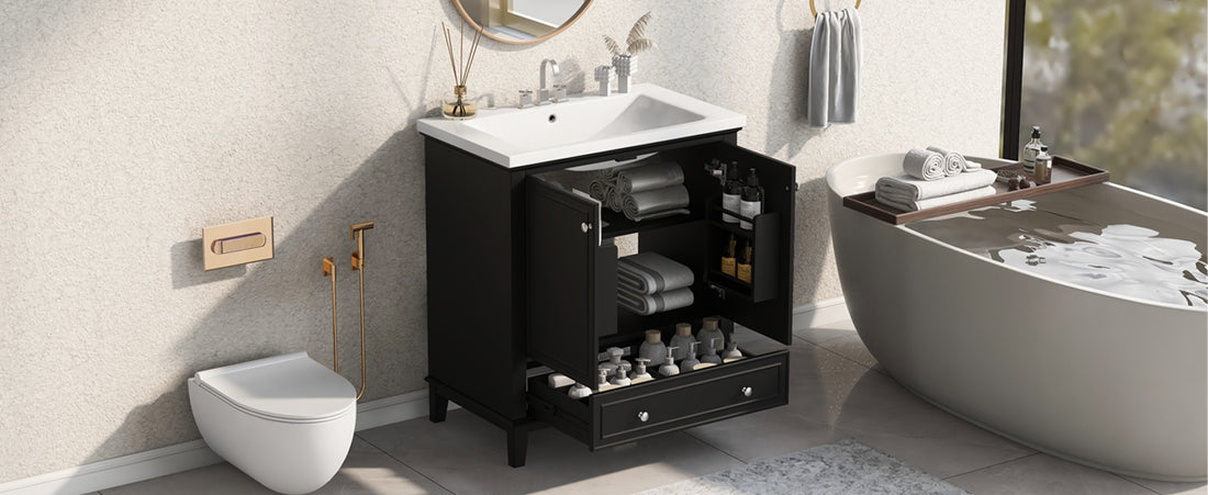 30" Bathroom Vanity With Sink Combo, Multi Functional Bathroom Cabinet With Doors And Drawer, Solid Frame And Mdf Board, Black Black Solid Wood Mdf