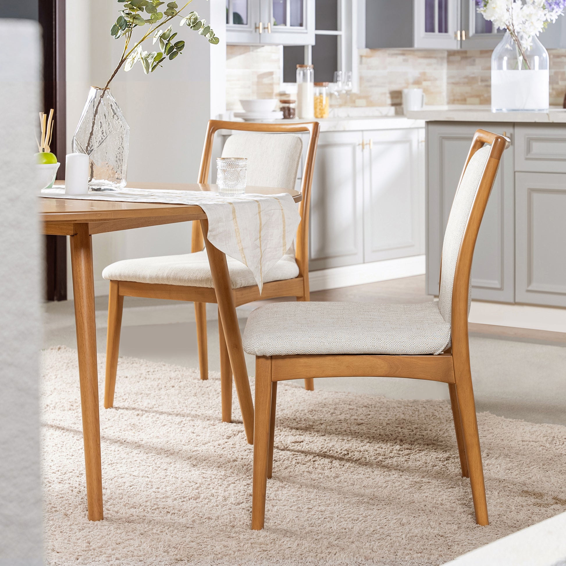 Scandi Upholstered Natural Light Brown Wood Dining Chair, Set Of 2, Wh