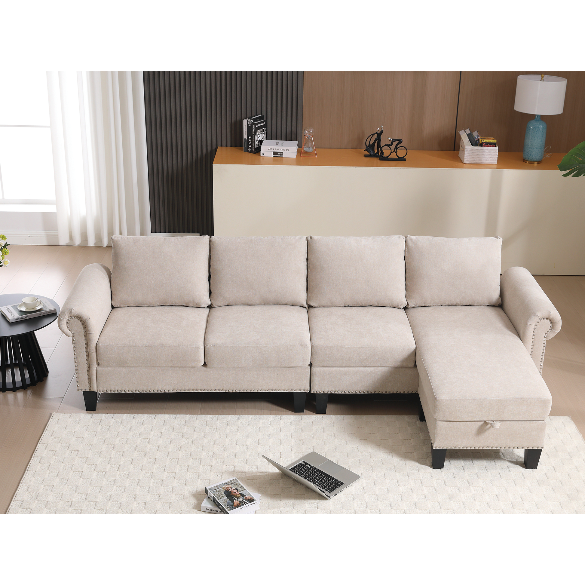 Arrived Convertible Sectional Sofa With Storage,L Shaped Sofa,Four Seater Sofa,Modern Linen Fabric Sectional Couches For Living Room, Beige Beige Polyester Wood Primary Living Space Medium Soft Cushion Back Modern Wood 4 Seat