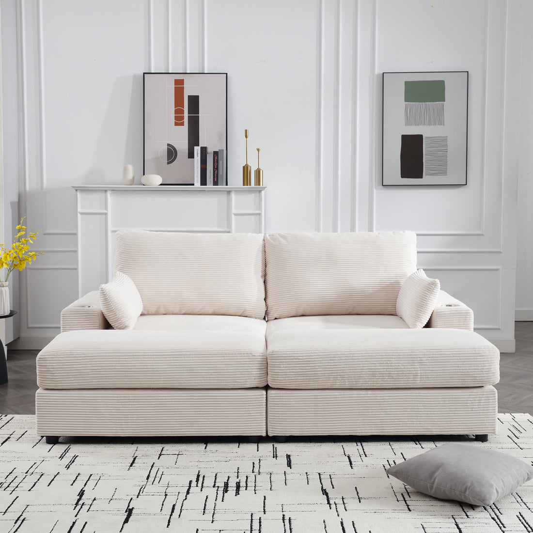 Beige Modern Luxury Twins Sofa Couch For Living Room Quality Corduroy Upholstery Sleeper Sofa Bed Daybed,With Cup Holder And Usb Charging Port Beige Solid Wood 2 Seat