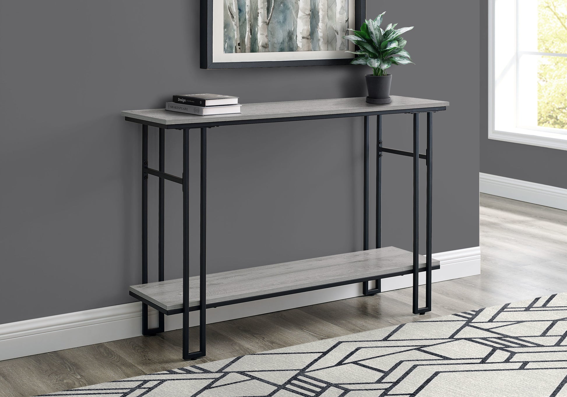 Accent Table, Console, Entryway, Narrow, Sofa, Living Room, Bedroom, Grey Laminate, Black Metal, Contemporary, Modern Grey Metal