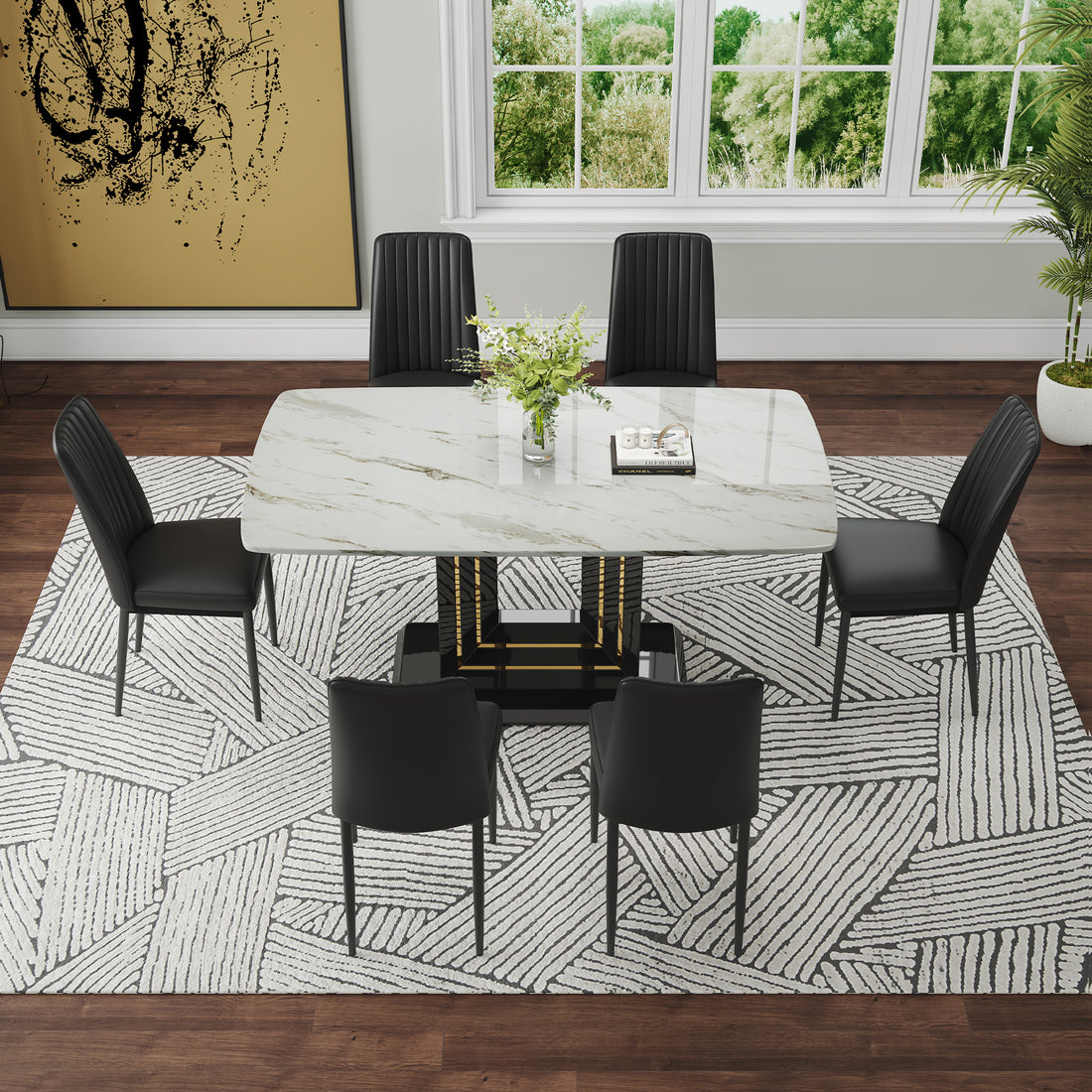 Modern Dining Table Set, 7 Piece Faux Marble Kitchen Table For 6 8, Glass Rectangular Dining Room Table With U Shaped Table Legs, Dining Table & 6 Chairs Metal Black Rectangular Mdf Glass