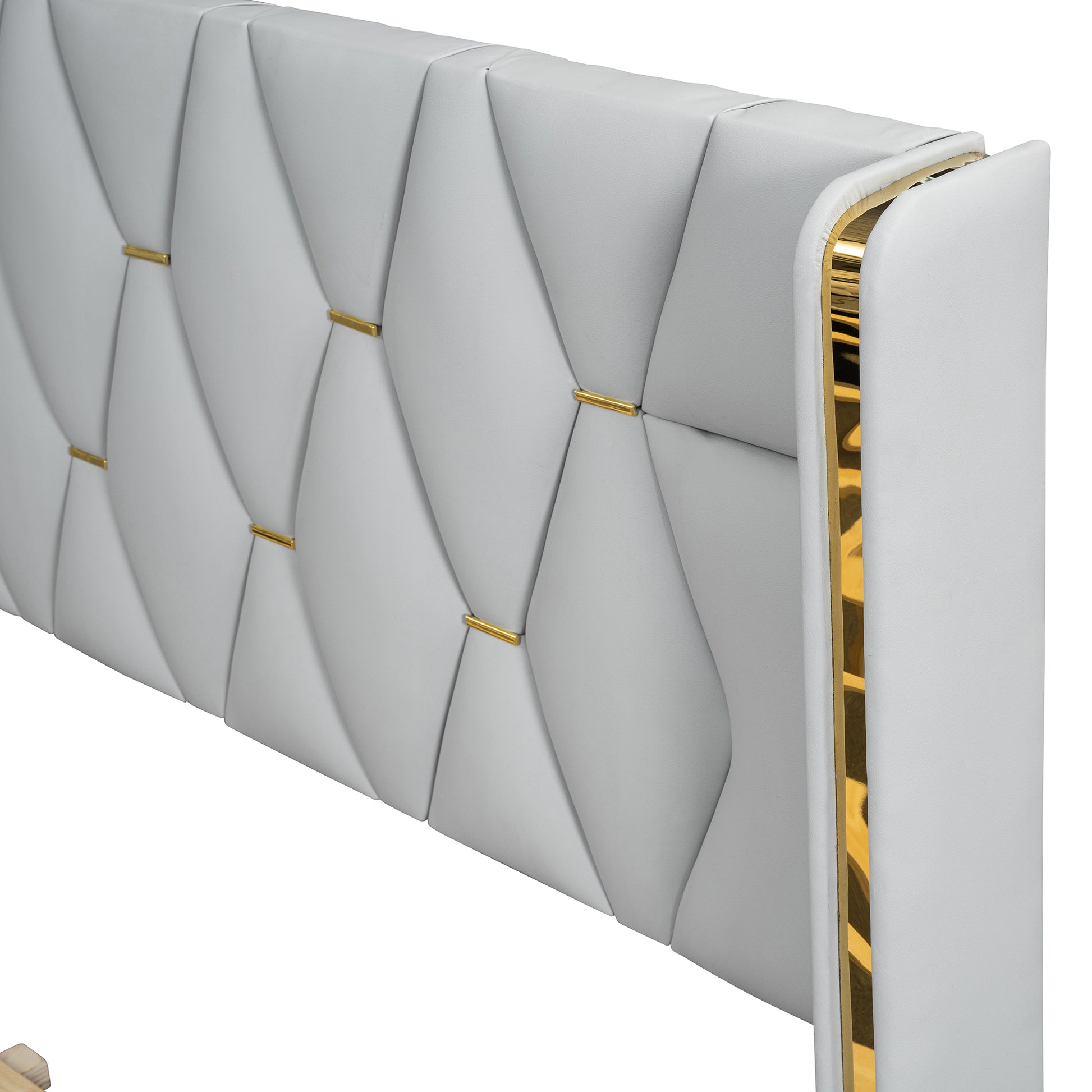 Queen Size Upholstered Platform Bed With Metal Strips, Off White Queen Off White Pu