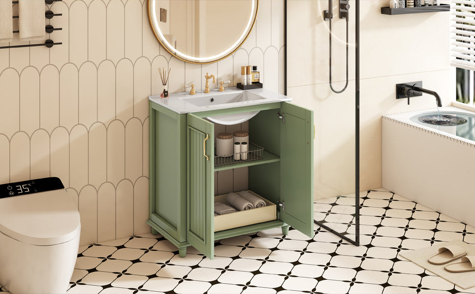 30 Inch Bathroom Vanity With Resin Sink, Freestanding Bathroom Vanity Set With Hidden Drawer, Storage Cabinet For Bathroom, Solid Wood Frame Bathroom Cabinet Green Bathroom Modern Solid Wood Mdf Resin