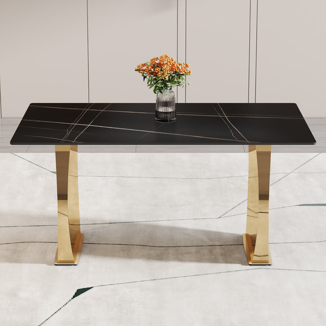 Modern Rectangular Table With 0.4 Inch Black Patterned Tabletop And Gold Legs, Suitable For Kitchen, Dining Room, And Living Room 63 Inches * 31.4 Inches * 30 Inches Gold Sintered Stone