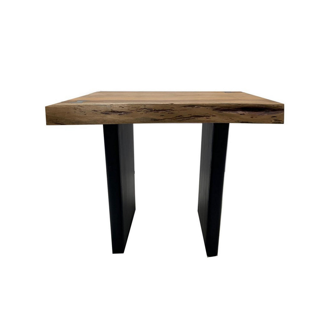 Mya 23 Inch Square End Table With Live Edge Wood Top, Wide Black Iron Legs Brown Black Solid Wood