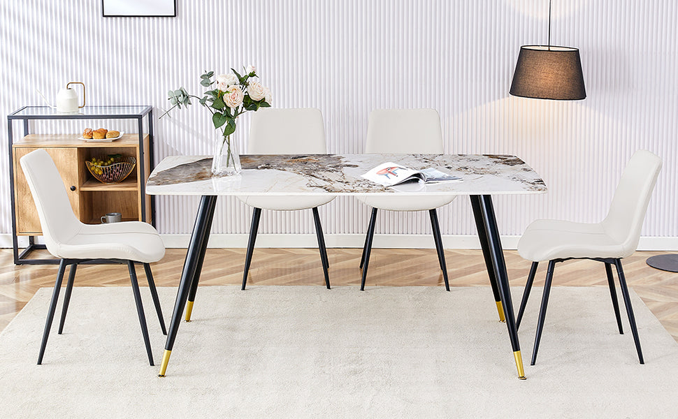 Table And Chair Set, Imitation Marble Texture Rock Board Table Top, Black Metal Table Legs. Paired With 4 White Artificial Leather Backrest Cushion Dining Chairs With Black Metal Legs. White Black Seats 4 Metal