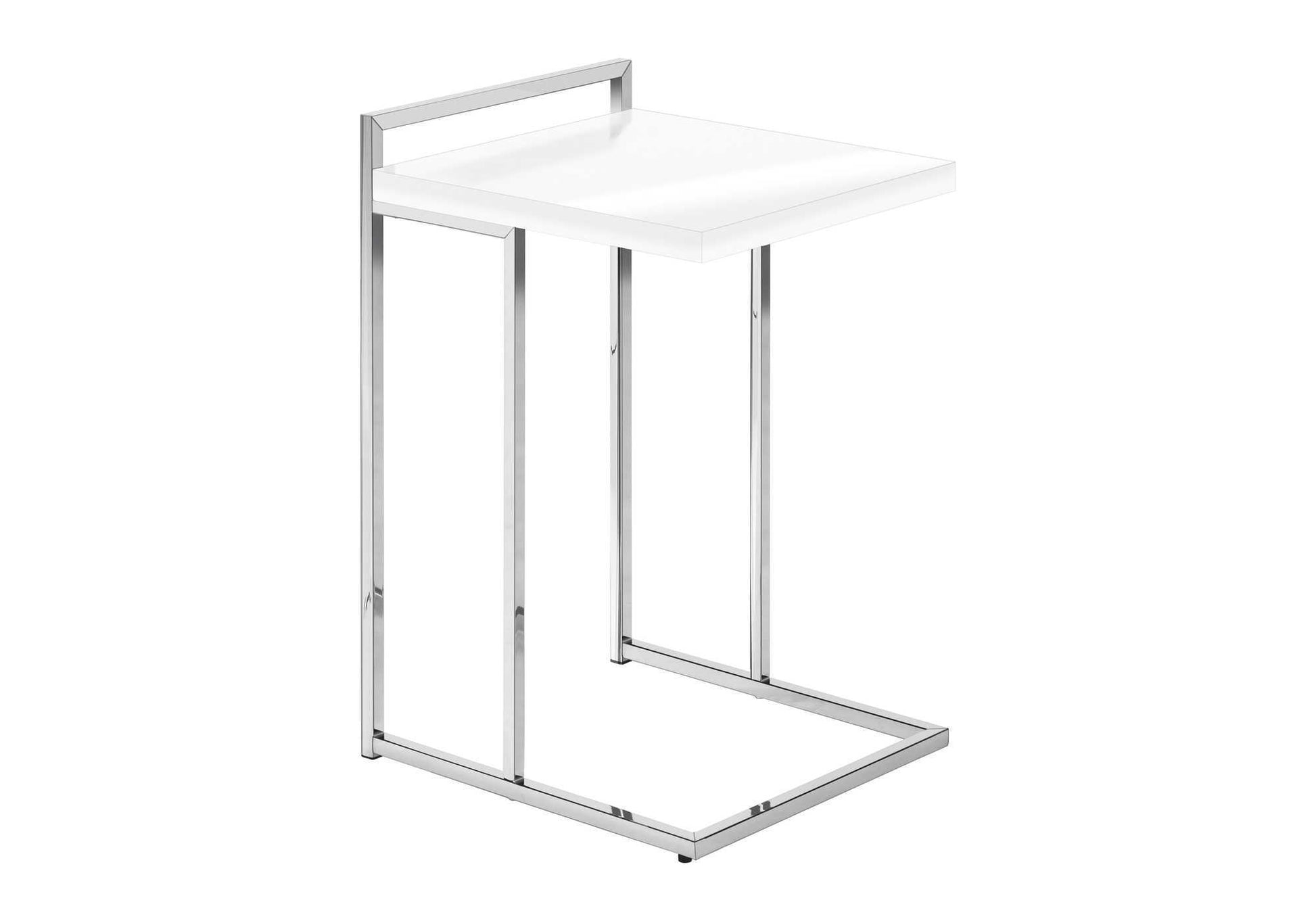 Accent Table, C Shaped, End, Side, Snack, Living Room, Bedroom, Glossy White Laminate, Chrome Metal, Contemporary, Modern White Particle Board