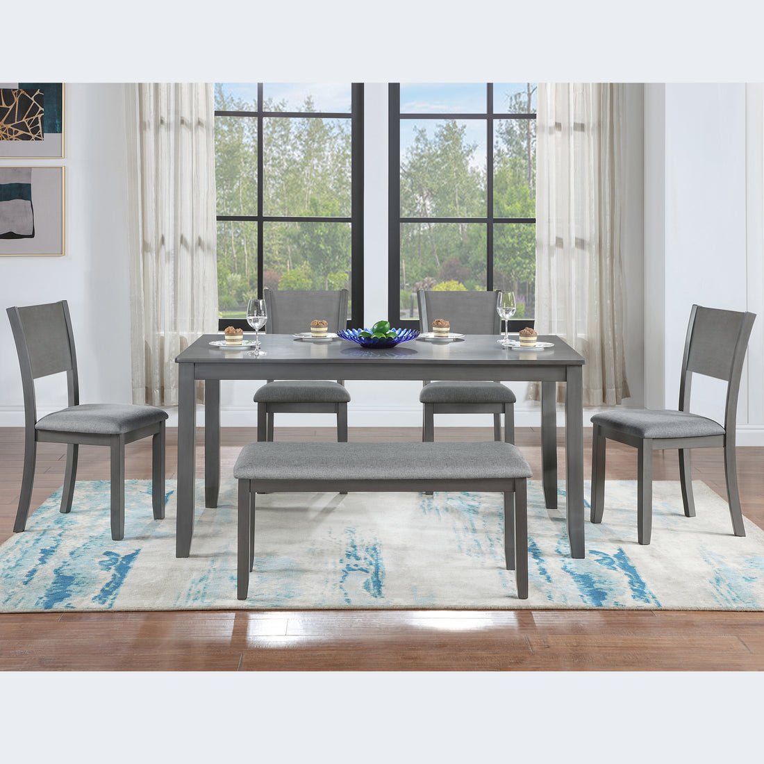 6 Piece Kitchen Dining Set, Rectangular Wooden Dining Table With 4 Upholstered Chairs And A Bench, Dining Table Set For 6 People, Living Room, Home Bar And Kitchen, Gray Wood Gray Seats 6 Wood Dining Room Acacia 4 Leg Rectangular Dining Table With Chair