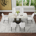 7 Piece Faux Marble Dining Table Set, Glass Rectangular Kitchen Table For 6 8, Modern White Faux Marble Dining Room Table With Mdf Base, Dining Table & 6 Chairs Metal White Rectangular Mdf Glass