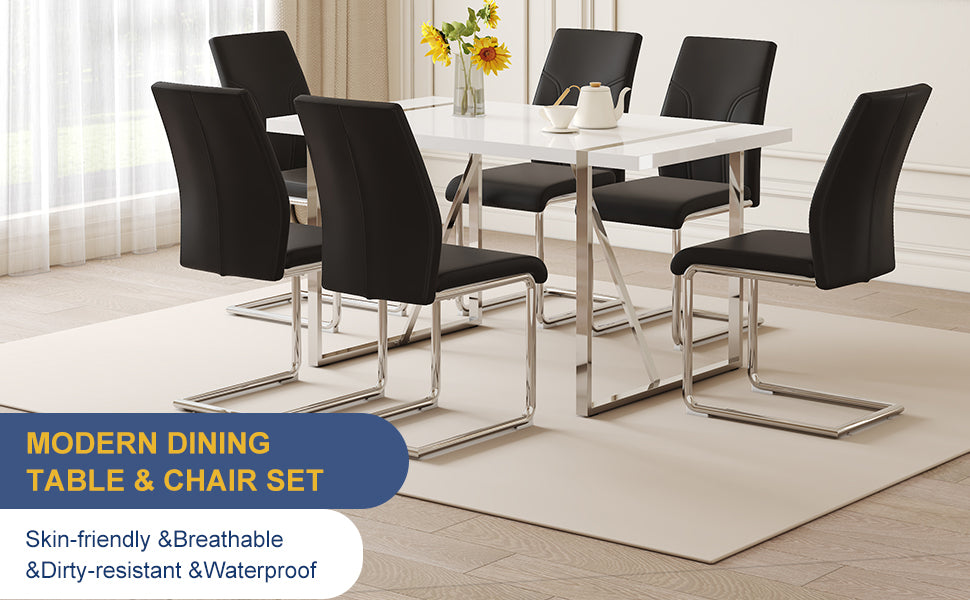 Table And Chair Set.55"X31.5" White Mdf Painting Dining Table Set With 6 Black Pu Chairs.Showcasing A Modern And Stylish Look.Suitable For Dining Room.Mdf Painting,Iron Pipe Plating,Pu Chiairs.