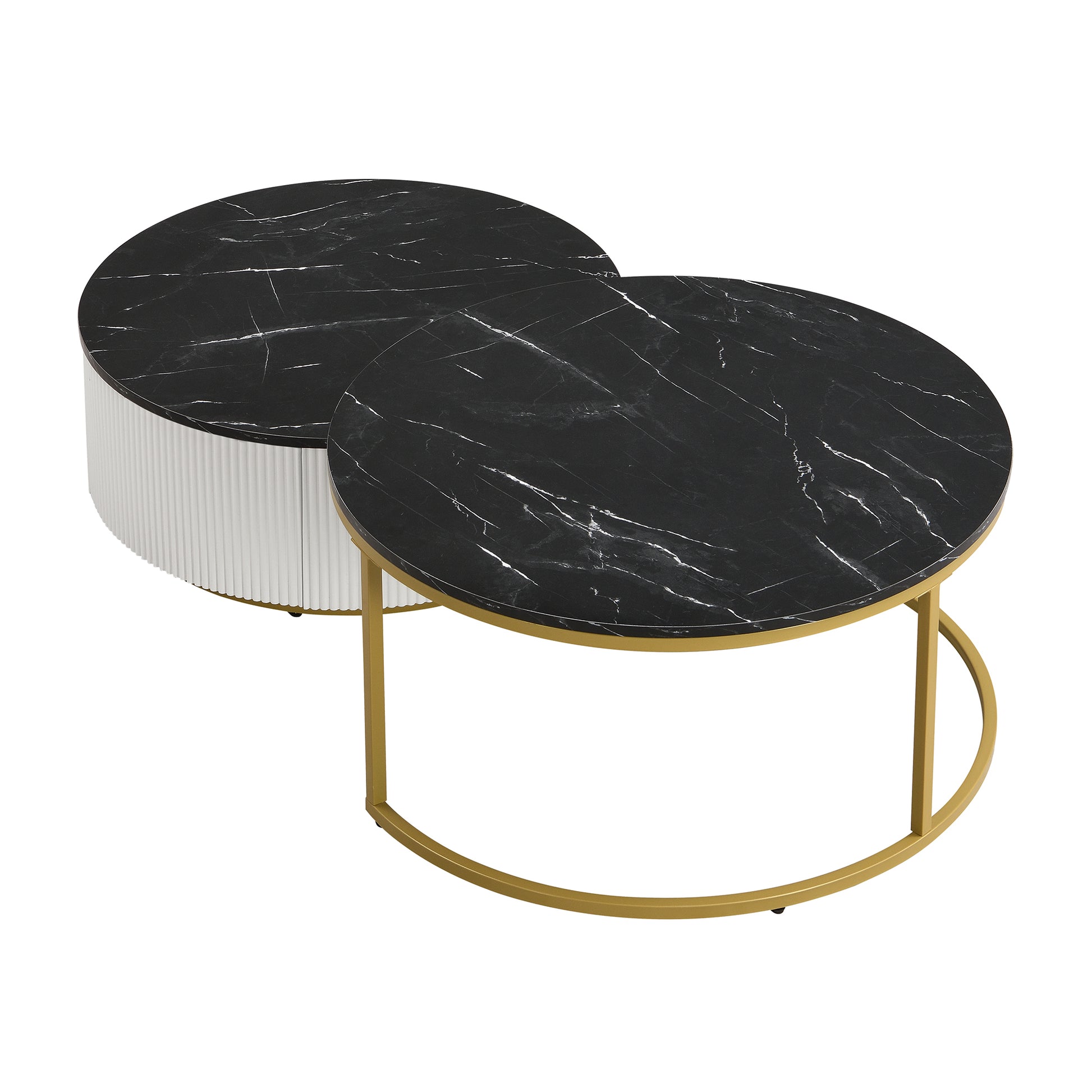 Modern Round Nesting Coffee Table Fluted With Drawer In Black & Gold In 31.5'' Golden Black Drawers Coffee & End Tables Glossy Round Metal Mdf Pedestal