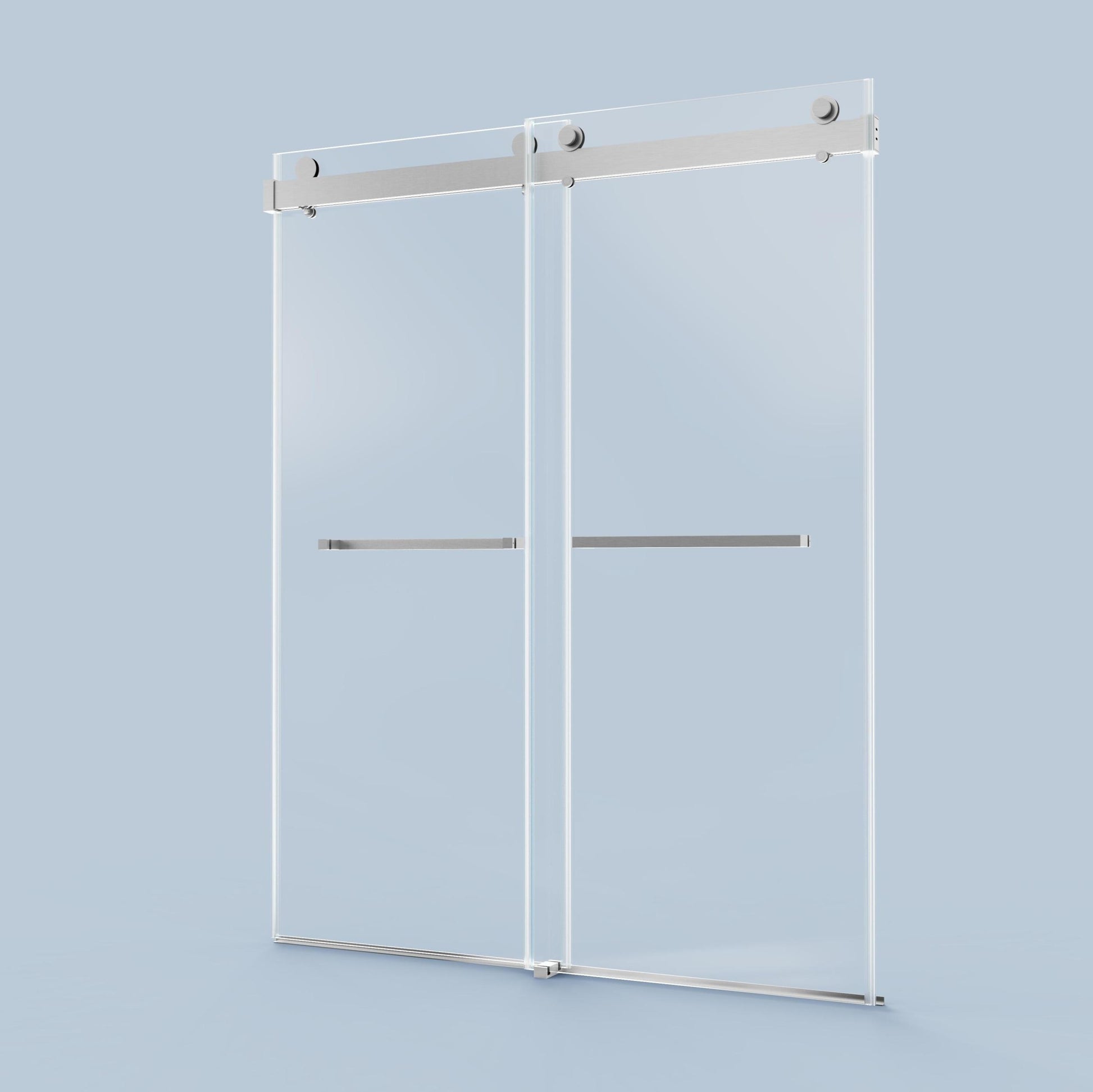 56 60 inches W *76 inches H Frameless Double Sliding brushed nickel-glass+metal